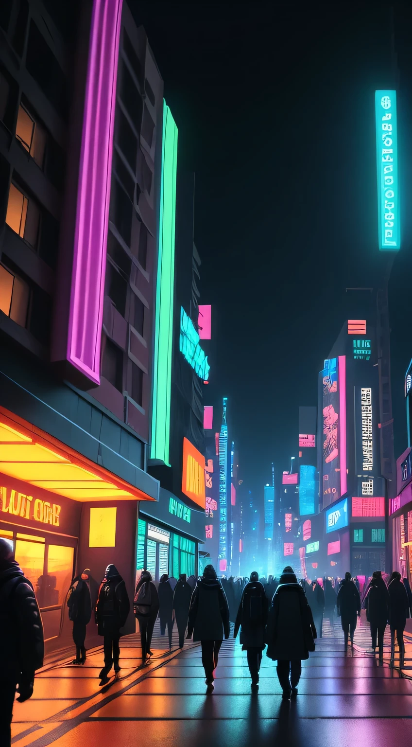 cyberpunk scene, sci-fi, high rise buildings neon lights, futuristic, ray tracing, very detailed, HD, cinematic, people walking down street, crowded street, lots of detail, high resolution, hyper realistic, flistening, shimmering, bioluminescent
