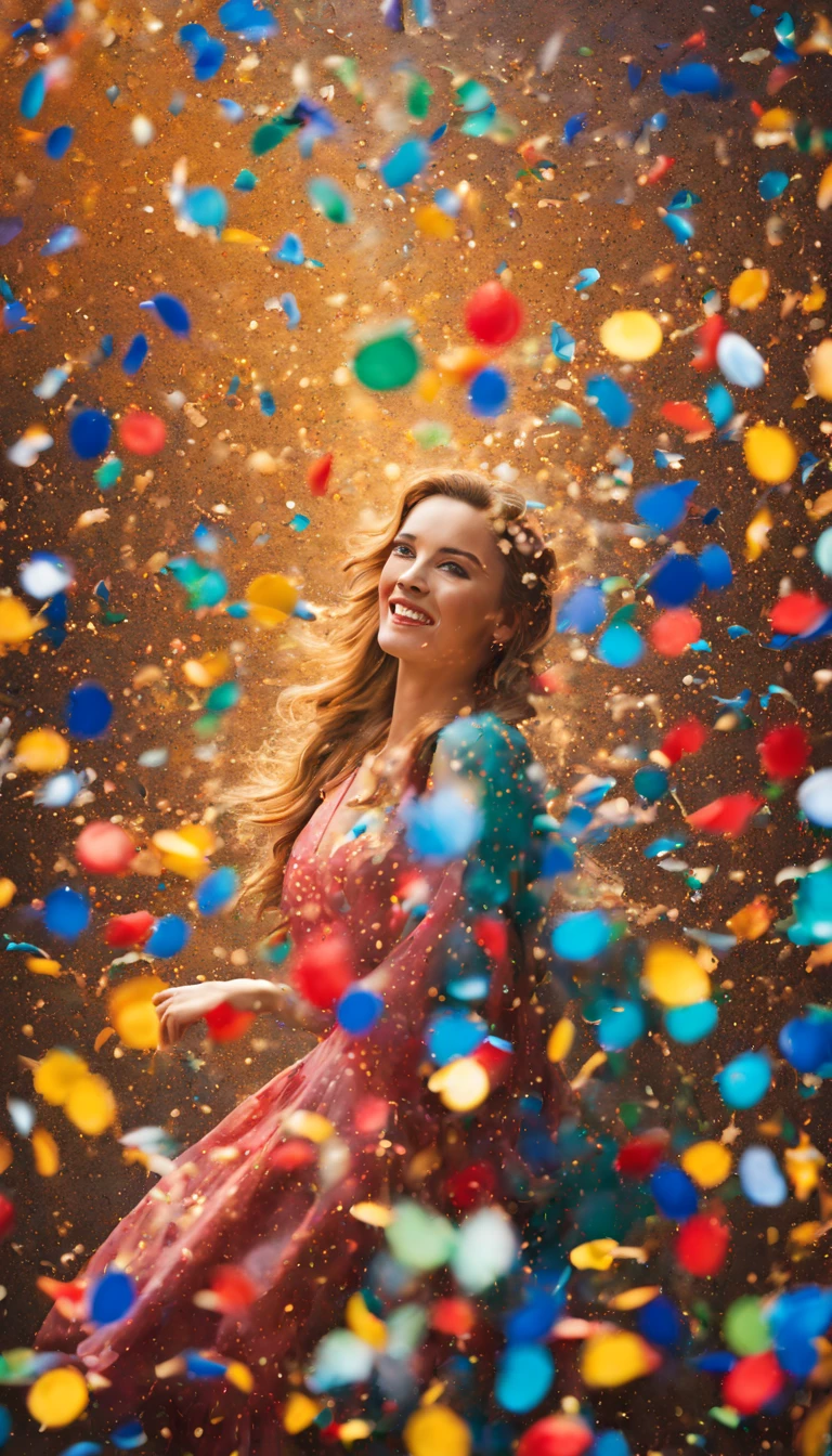 Intricately detailed, ultra high definition, 超高分辨率, masterpiece, random angles, shiny and vibrant, colorful confetti, beautiful and playful, pretty and whimsical, (huge confetti shower: 1.2), scattered and floating, delicate and light, celebratory atmosphere, dynamic lighting, color burst, elegant and joyful, multi-colored rain, vivid hues, painterly style, special occasion, fun and lively, (confetti explosion: 1.5), vintage feel, festive and cheerful, (colorful backdrop: 1.4), surreal art, dreamlike, whimsical, imaginative, full of life,