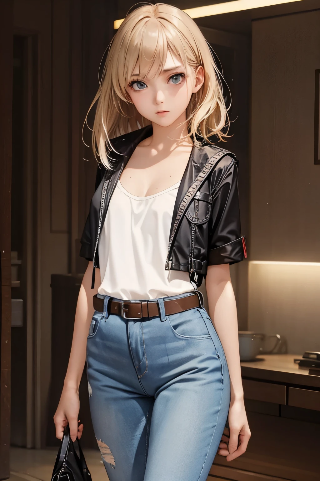 1 girl、18-year-old、beautiful、anime style、realistic face、blonde、medium hair、black jacket、white sleeveless 、jeans、brown belt、show cleavage、medium breasts、legs open, showing panties, sexy