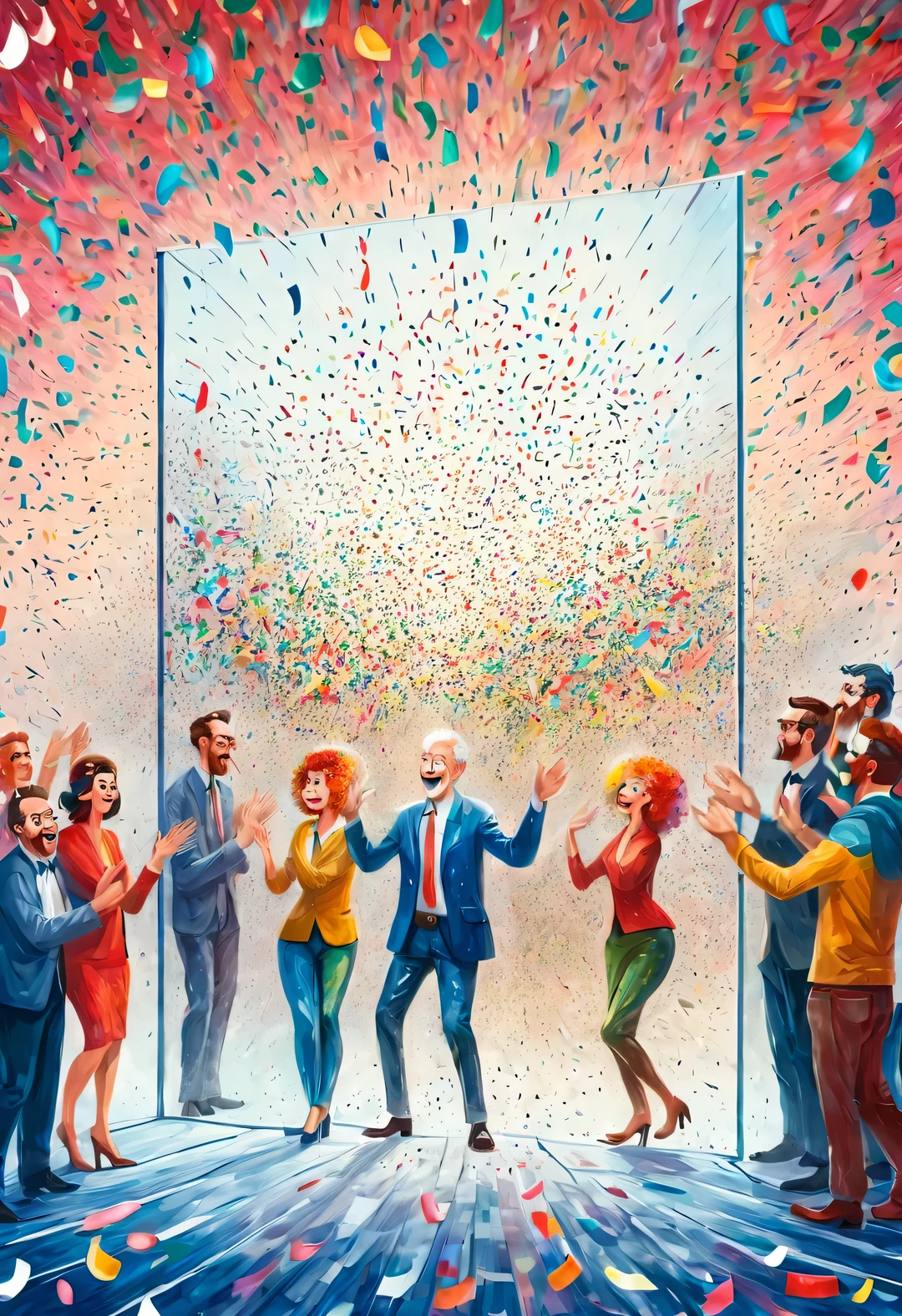 In the center of the picture is a glass wall，White people shaped confetti passing through glass wall，turn into confetti, ，production art, Interesting illustration, cartoon