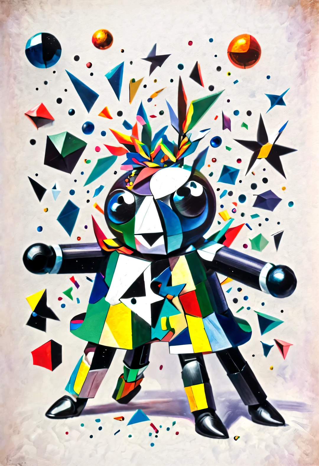 The black and white intruder who broke out of the wall turned half of his body into a colorful cartoon confetti man. fantasy, Science fiction, low polygon, Cubism and paper cutting were created by Charles and Ray Eames,