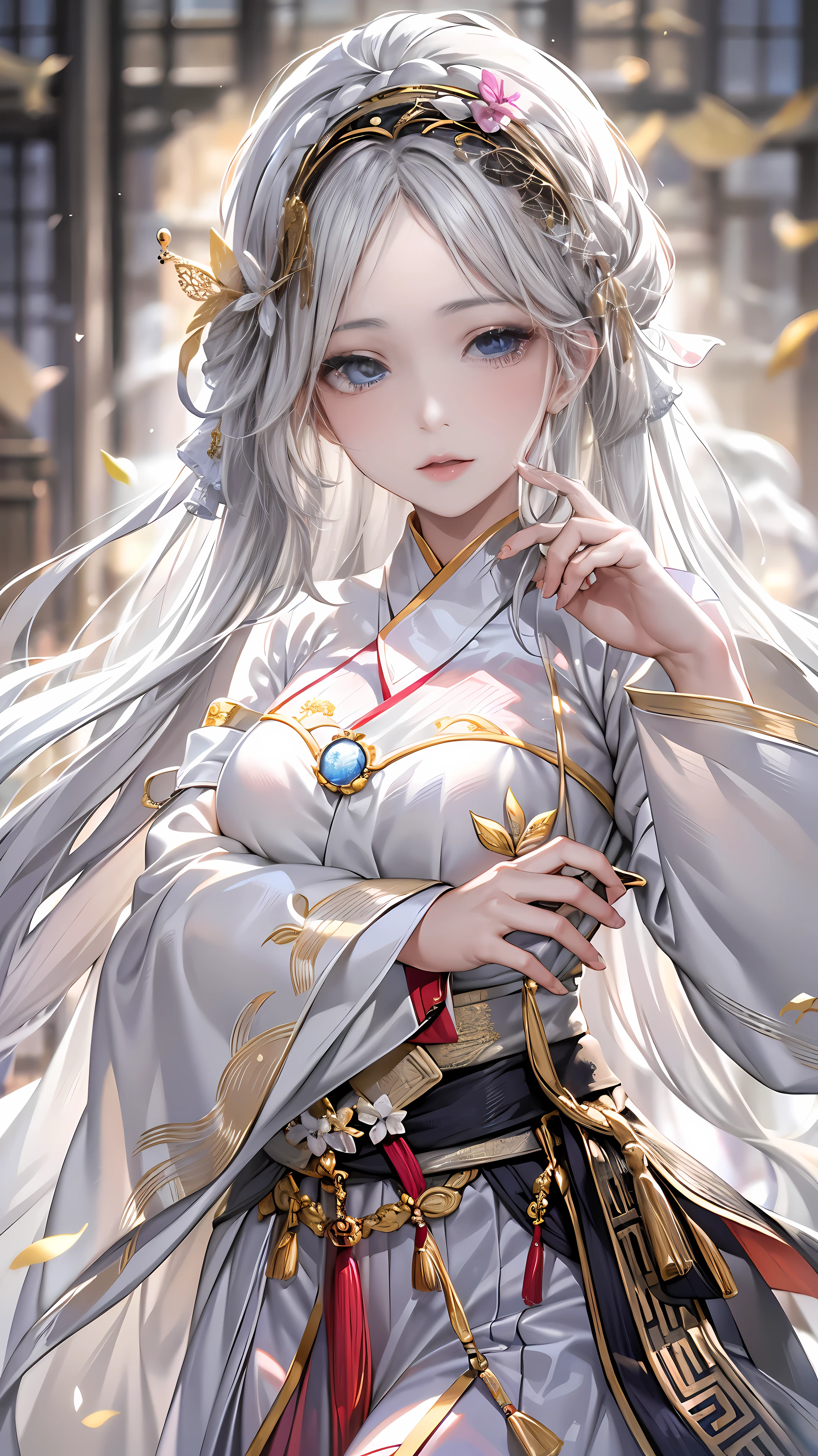 ((8k wallpaper of extremely detailed CG unit, ​masterpiece, hight resolution, top-quality, top-qualityのリアルテクスチャスキン)), (very beautiful and attractive woman, The upper part of the body, Landscape composition, Pose like a model, Wear a bride in white wedding dress:1.2, Japanese pattern beautiful dress:1.2), (messy, white shining hair, blue eyes, shining eyes, Plump lips, de pele branca, medium breast), (((Colorful background with geometric patterns, Japanese pattern background, warm color))), (high-angle:1.1), (hyper realisitic, digitial painting),  Fox's ears, fluffy ears, 