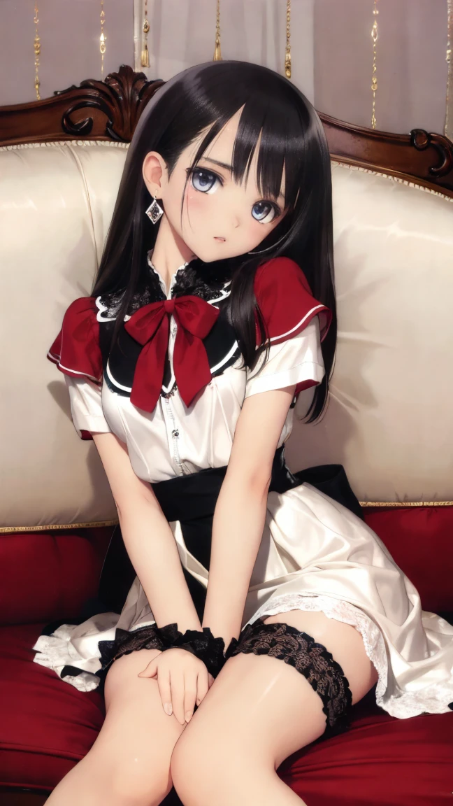 4K,highest quality, excellent detail,masterpiece,anime, super high resolution,Closer look at the eyes, best illustrations, Highly condensed 1girl, （Very delicate and cute face）,chest is small,black hair，（（medium hair））,,（white lace stockings）,（earrings）,（Skirt is knee length）,,,My age is ************,(palace)，（sitting on a luxurious antique sofa）