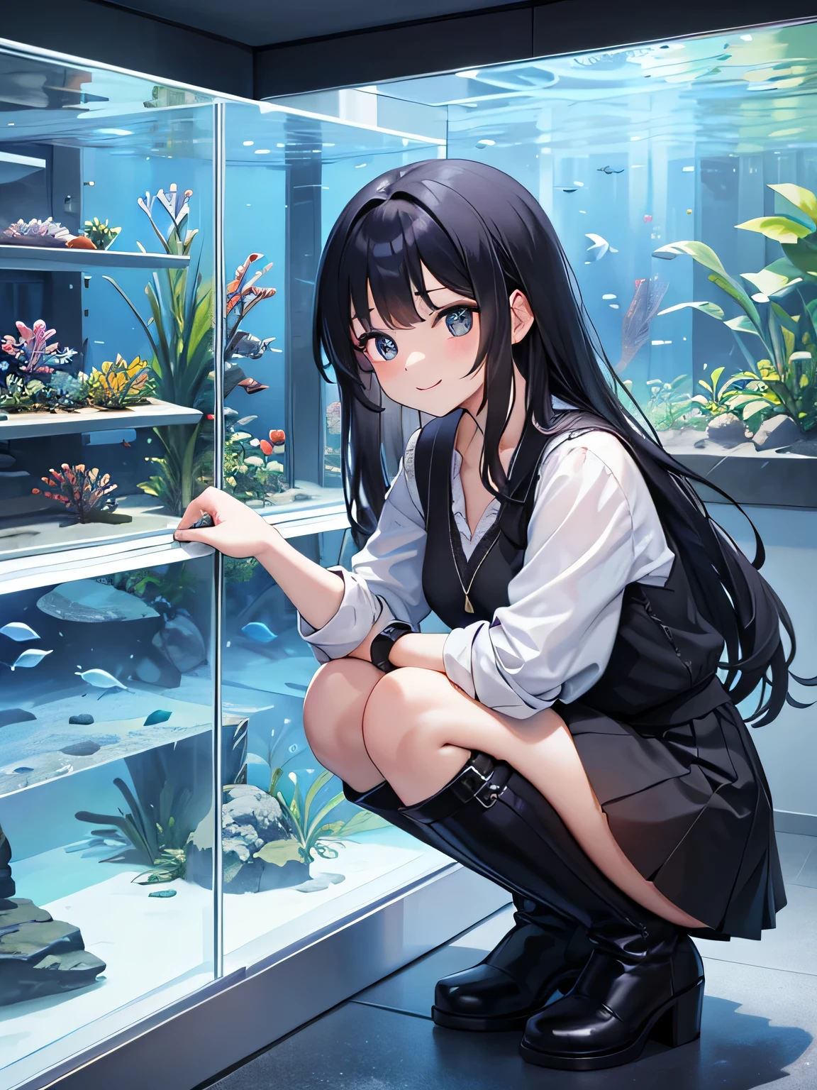 (1) A woman is squatting down and looking at the aquarium.
(2) that woman has long black hair.
(3) Women are wearing mohair V-neck knits, Mini skirt and long boots.
(4) The woman's expression is a smile.
(5) The place is an aquarium.