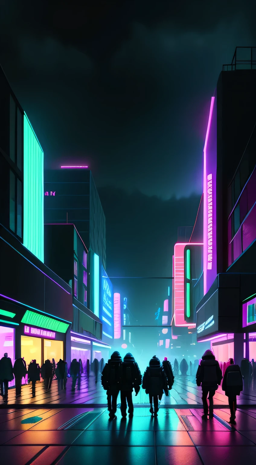 cyberpunk scene, sci-fi, high rise buildings neon lights, futuristic, ray tracing, very detailed, HD, cinematic, people walking down street, crowded street, lots of detail, high resolution, hyper realistic, flistening, shimmering, bioluminescent, neon signs, raining, floodlight