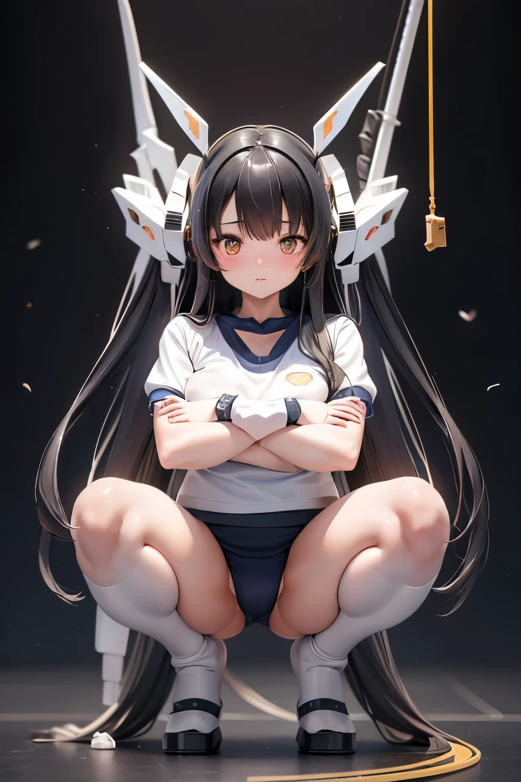 (highest quality)), ((masterpiece)), (very detailed: 1.3), 3D, {(ung girl)}, (wear navy buruma and white gym uniform with colored hem under armor:1.3), (black hair:1.5), (She is fused with futuristic Gundam mecha:1.4), with headgear, with v-fin , armored shoulders,armored under arms, armored under legs, short sleeve, attached 2 huge weapons on back, legs mounted weapon module, camel toe, 白いニーソックス, multilayer textureperfect proportions, octane rendering, duotone lighting, Low ISO, wide aperture, White balance, Rule of thirds, ultra HD16k, HDR (High Dynamic Range), Ray Tracing, NVIDIA RTX, Super Resolution, Subsurface Scattering, PBR Texturing, Post Processing, Anisotropic Filtering, Depth of Field, Maximum Clarity and Clarity, High efficiency subpixel, subpixel convolution, particles of light, light scattered, Tyndall effect, full body:1.5, (Squat and pee pose:1.2, open legs:1.5), , cute, (cute:1.2), (long hair:1.3),太い眉毛, 薄い色の虹彩, 大きくて輝いている黒い瞳, 長いまつげ, 小さく薄い色の自然な唇, (Average face of Japanese idols), (日本人特有の童顔:1.3), (baby face), 広いおでこ:1.2, ふっくらした頬, 小さな顎, in the hangar,looking at viewer,Focus on the eyes , (完璧な4本の指, 親指1本),