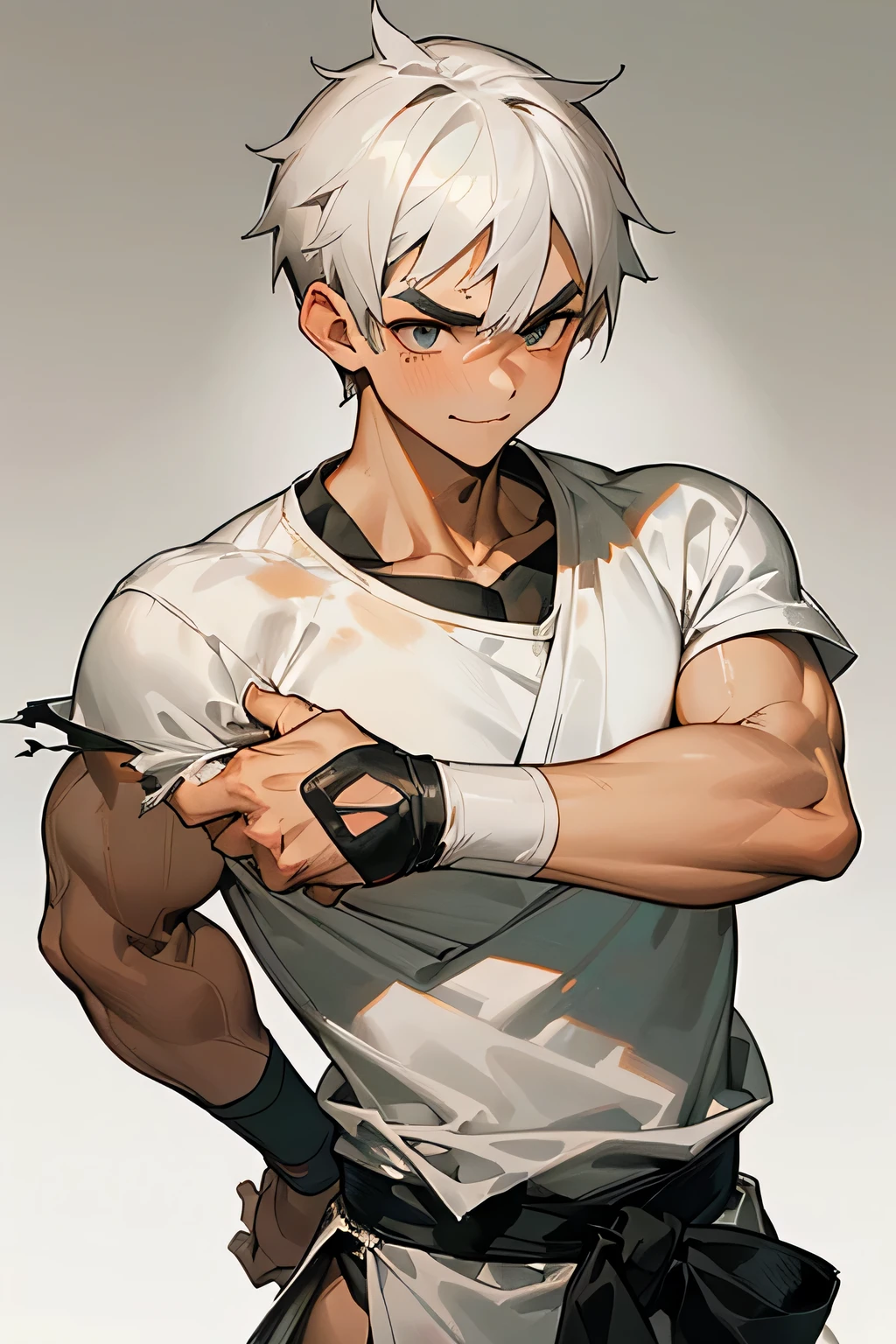 Light gray hair color, short hair, martial arts , (Intricate muscle detail:1.2), smooth skin, serious expression,(torn white short sleeve shirt:1.2), dirty and tattered clothes , White Hachimaki, (Also々thick eyebrows:1.11), (short) ,(anatomically correct:1.2) , front, Upper body , smile , (put your hands on your hips、I am proud) , (between the legs)
