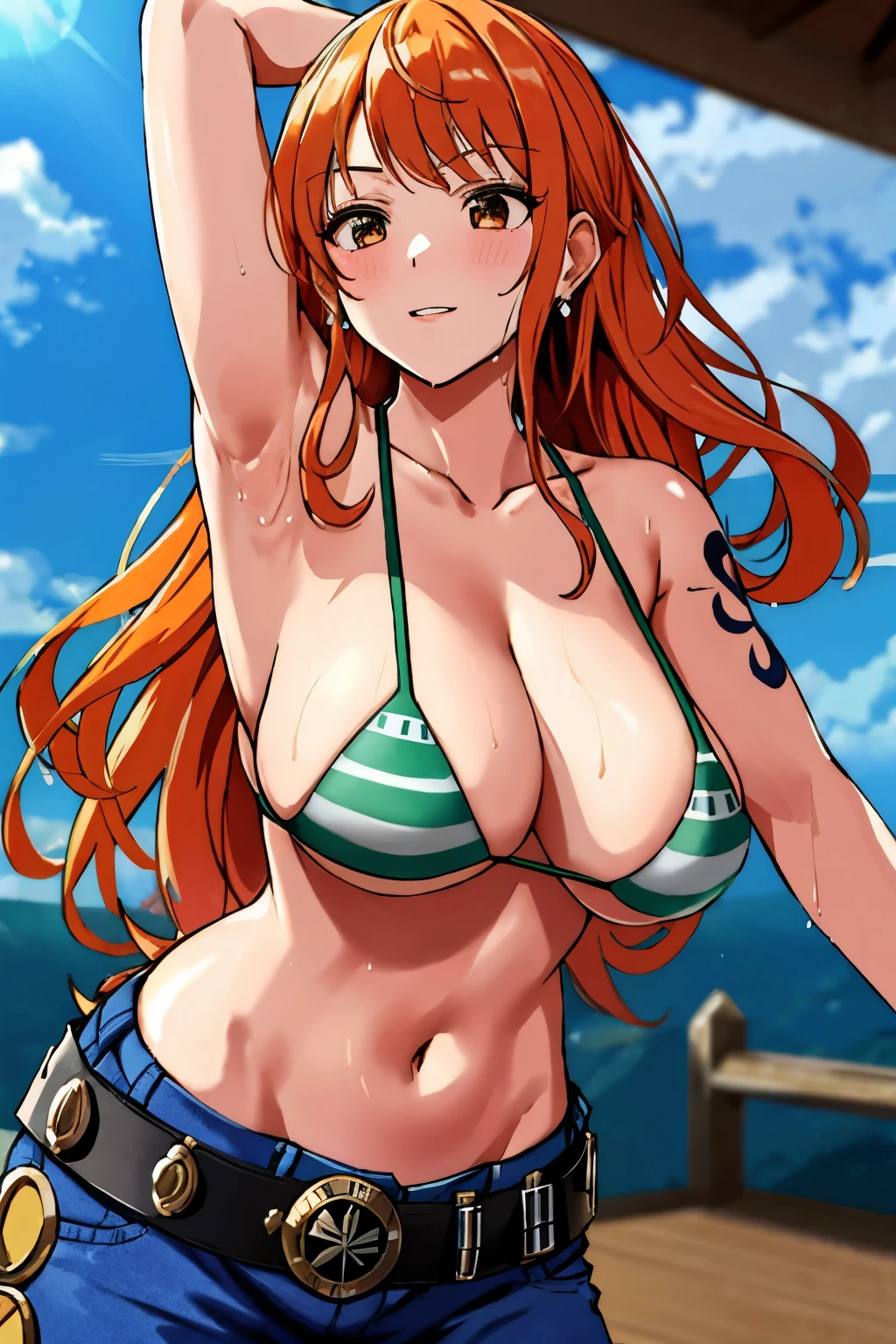 detailed background, masterpiece, 4K, best quality, 늦은 request소년, adult, wrestler body, 1 woman, Active, energetic, Uppercut, (Big mouth) , alone, Us \(One Piece\), 1 woman, bangle, (Very wet, Drenched in sweat, sweating all over, Very wet hair, tired, breathe, dehisce, exhausted, outcry, Sweaty face, sweaty body, Panting, sweating too much, Glittering sweat, sweaty armpits, trend, hands on hips, Serious, glaring), Perfect, detailed face, Draw bold lines, muscular arms, Detailed and thick arm lines, Flat chin, adult woman, wavy wide striped bangs, floating bangs, (Big cheeks), bare shoulders, off shoulder, belt, bikini, bikini top only, blue sky, bracelet, Elastic breasts, Breast line, Big round eyes, very large brown shiny eyes, foam, 높은 눈 stomach치, split, cloud, afternoon, request, earring, floating hair, shiny hair, green belt, green bikini, Thick groin line, requestpants, bijouterie, medium chest, Log Pose, long hair, looking at viewer, navel, wet hair, Orange hair, pants, shoulder Tattoo, side lock, sky, alone, standing, stomach, swimsuit, Tattoo , looking at viewer, dehisce, Detailed left arm, large forehead, hourglass shape, small head, A toned body, Broad head, wind effect, The Sun Effect, Under the sun, Narrow small ear angle, Previous, 무작stomach 포즈,
