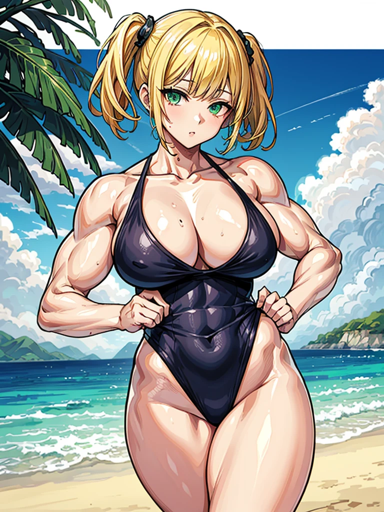 （（（masterpiece、Highest image quality、highest quality、highly detailed unity 8ｋwallpaper）））、（（Illustration of one girl））、（（（beautiful girl、cool）））、（（blonde、pixie cut：1.2、two side up、sidelocks、green eyes））、（（（tall、stocky build, thickset physique：1.3, muscular legs, broad shoulders, solid chest）））、swimsuit、sandy beach