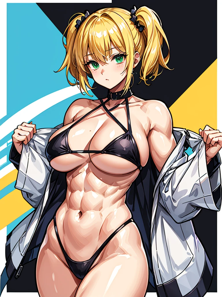 （（（masterpiece、Highest image quality、highest quality、highly detailed unity 8ｋwallpaper）））、（（Illustration of one girl））、（（（beautiful girl、cool）））、（（blonde、pixie cut：1.2、two side up、sidelocks、green eyes））、（（（tall、stocky build, thickset physique：1.3, muscular legs, broad shoulders, solid chest）））、swimsuit、sandy beach