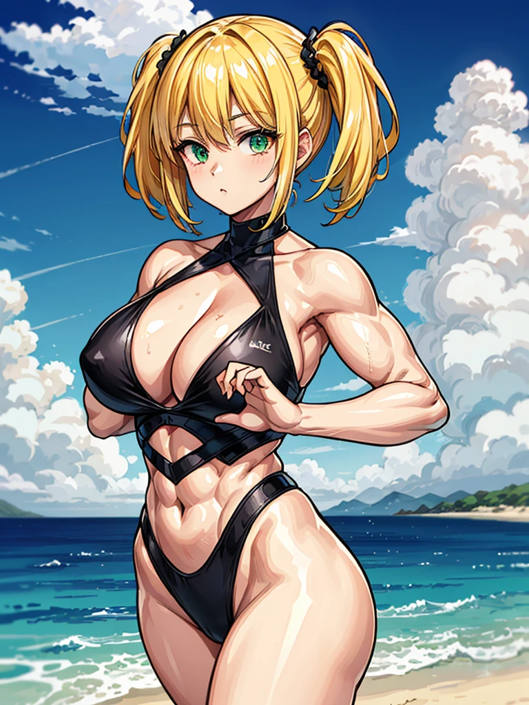 (((masterpiece、Highest image quality、highest quality、highly detailed unity 8kwallpaper)))、((Illustration of one girl))、(((beautiful girl、cool)))、((blonde、pixie cut:1.2、two side up、sidelocks、green eyes))、(((tall、stocky build, thickset physique:1.3, muscular legs, broad shoulders, solid chest)))、swimsuit、sandy beach