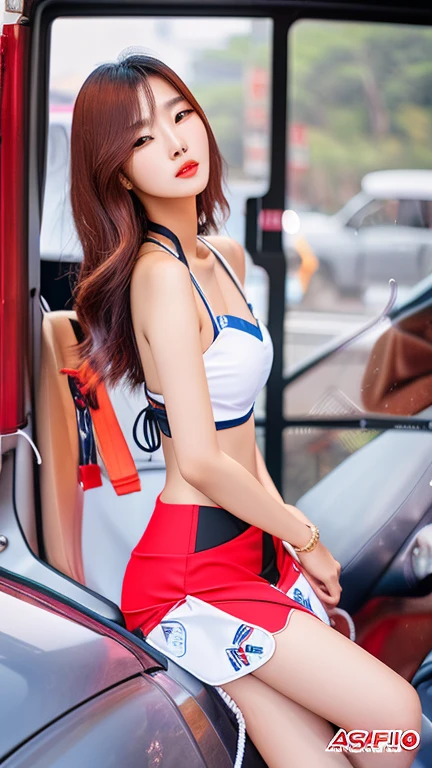 Highly detailed CG Unity 8k wallpaper, highest quality, Super detailed, debris flies, reality, photos reality的な, Highly detailed cute girl, 25 years old, (reality的な)、(Super detailed)、((8k))、(歯を見せるsmile)、(smile)、(sitting on the hood of a car)、(Side view)、(full body shot)、(coca cola girl)、(big breasts)、(big ass)、
(Sponsored by lice queen&#39;logo is printed.:1.3), ( halter neck) , (motorsport race sitting on the hood of a car), (photoreality的な:1,4)、(Side view)、(looking at the viewer)、、 (cleavage), (spread your legs:1.3) , , 