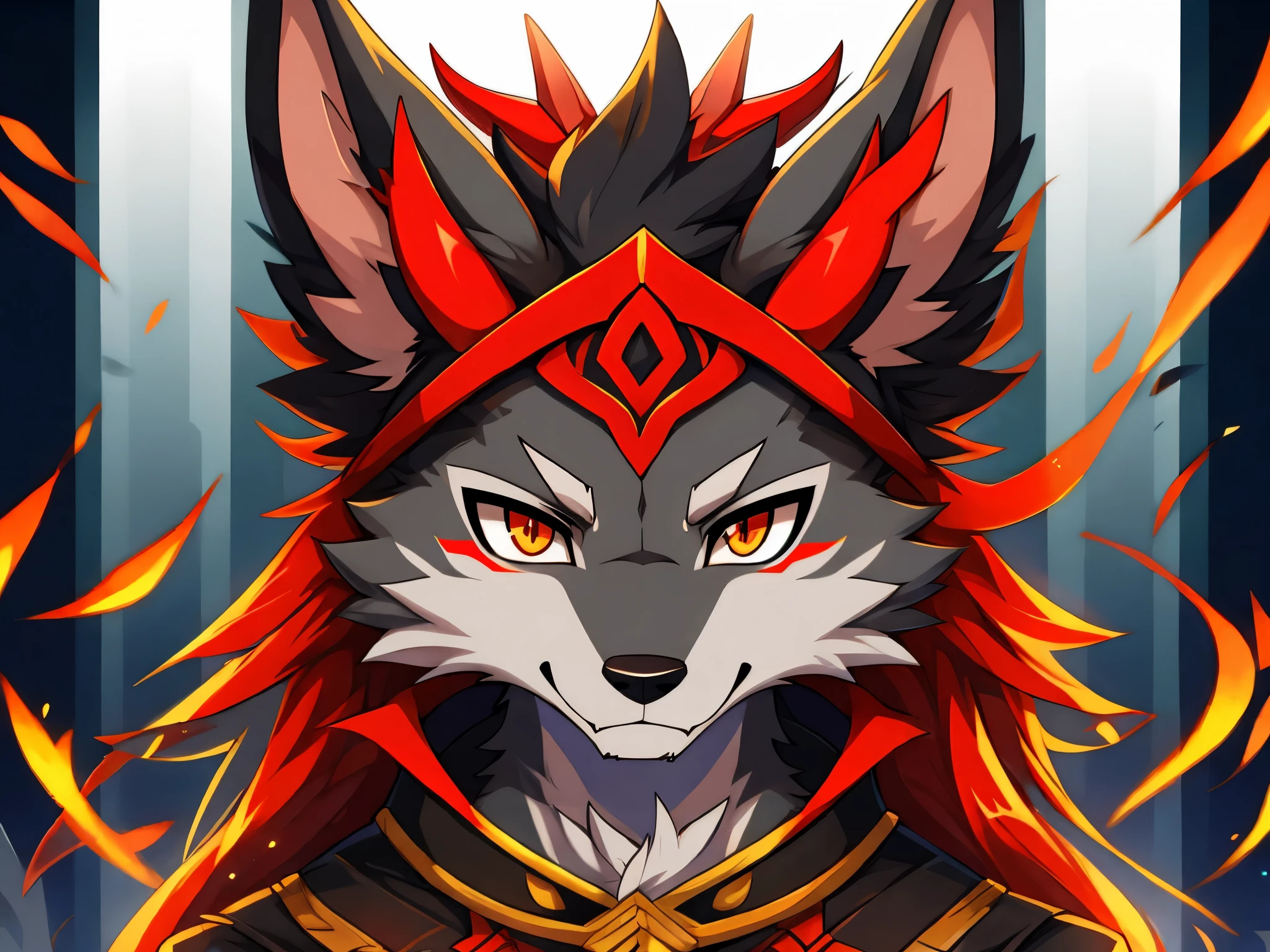 Adult grey demon wolf with red horns. Anime style. Anthro style. Headshot style.