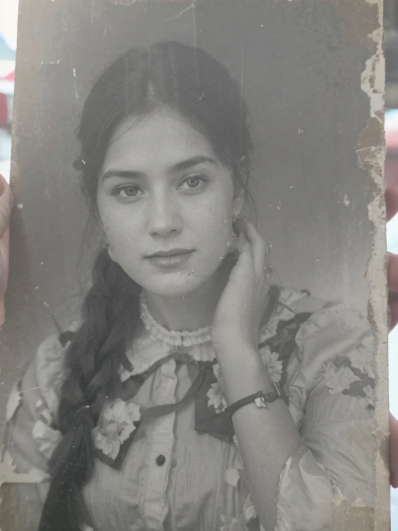 a black and white photo of a woman, good photo, realistic old photograph, grainy good photo, inspired by Lucia Peka, colorized background, inspired by Anna Fssli, digital restoration, background removed, black and white old photo, half body portrait of juliana, black and white old photograph, restored photo