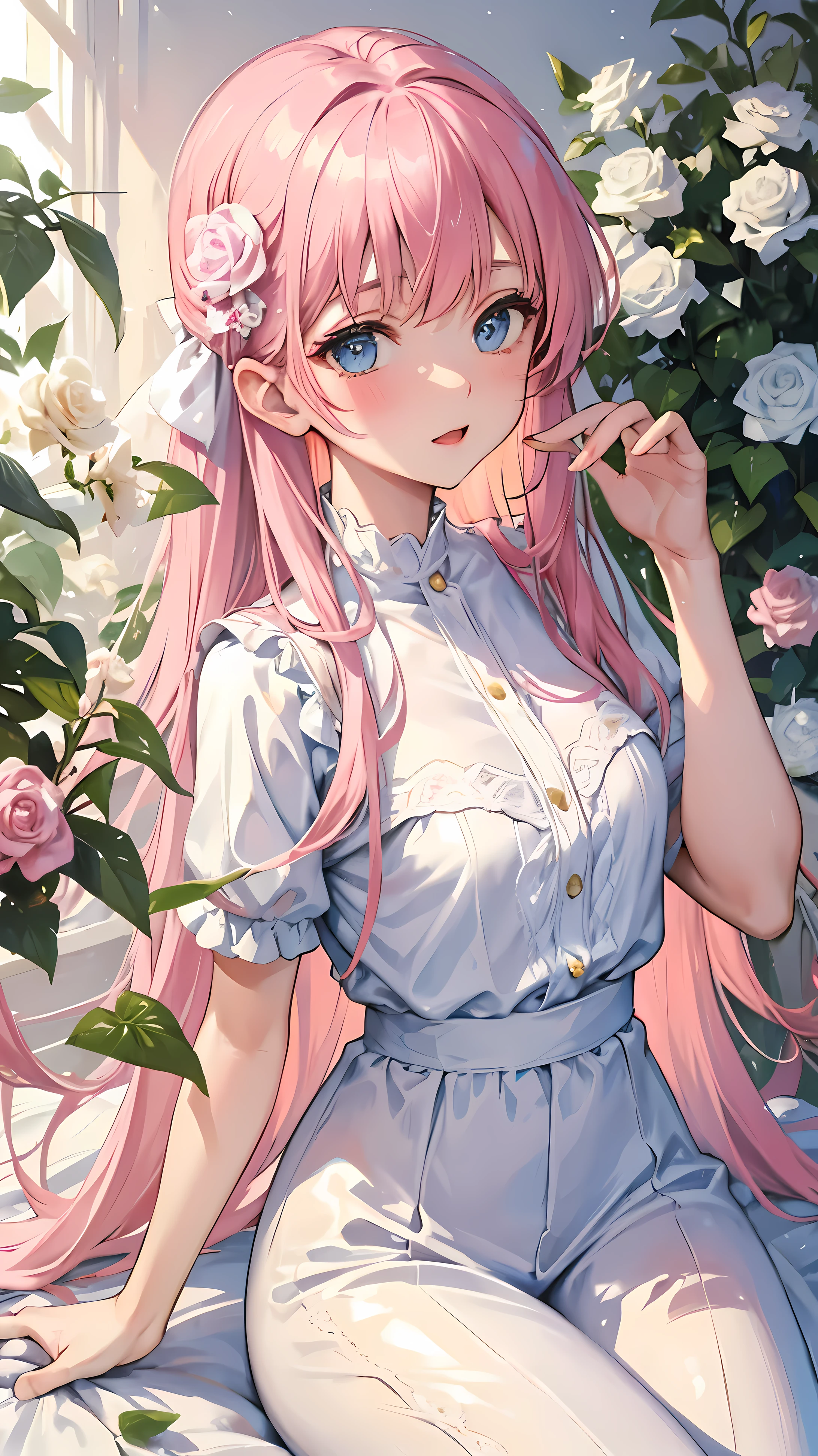 ((masterpiece)), high quality, super detailed, pink hair + White clothes: 1.2, sweet and delicate girl, Exquisite facial features, Perfect body, surrounded by roses, The colors are bright and bright, pearl white background, Romantic long hair, Natural light, warm and sweet, blue eyes, Floral hair ornaments.