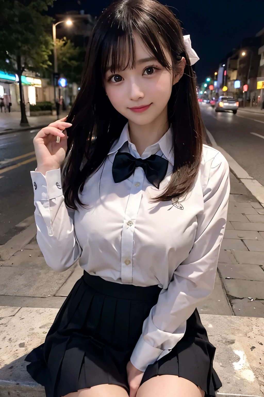 There is a woman who is on the street with a purse, fat pigeon, fat cat,(8k, RAW photo, best quality, masterpiece: 1.2), (realistic, photo-realistic: 1.37), ultra-detailed, 1 girl, cute, solo, beautiful detailed sky, detailed coffee, night, sitting, dating, (flushed nose), (smile: 1.1), medium breasts, beautiful detailed eyes, (collared shirt: 1.1), bow tie, pleated skirt,