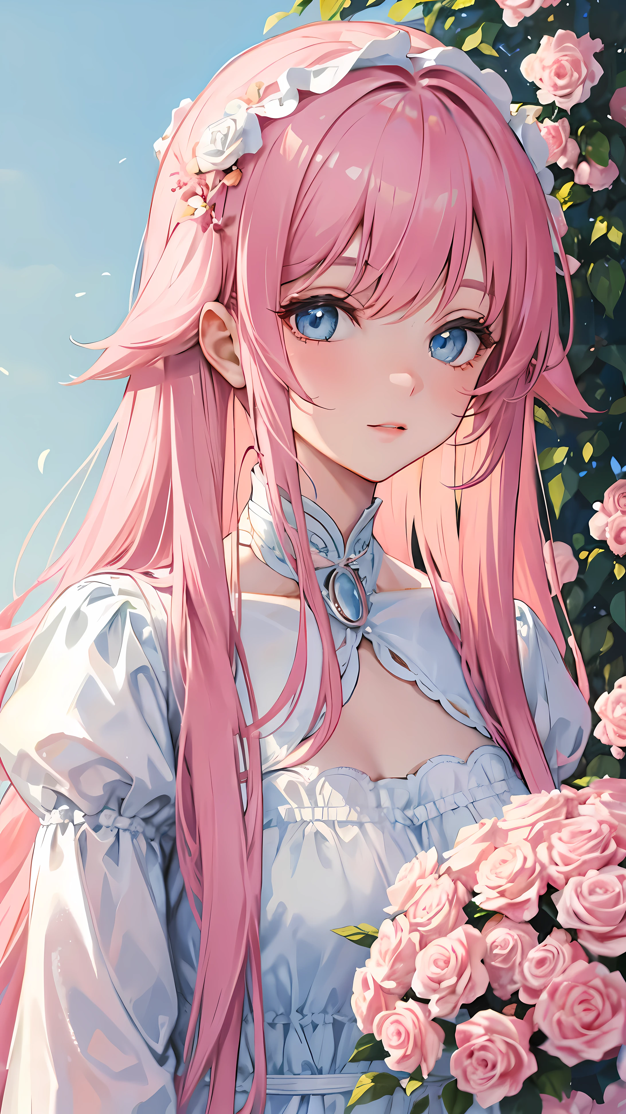 ((masterpiece)), high quality, super detailed, pink hair + White clothes: 1.2, sweet and delicate girl, Exquisite facial features, Perfect body, surrounded by roses, The colors are bright and bright, pearl white background, Romantic long hair, Natural light, warm and sweet, blue eyes, Floral hair ornaments.