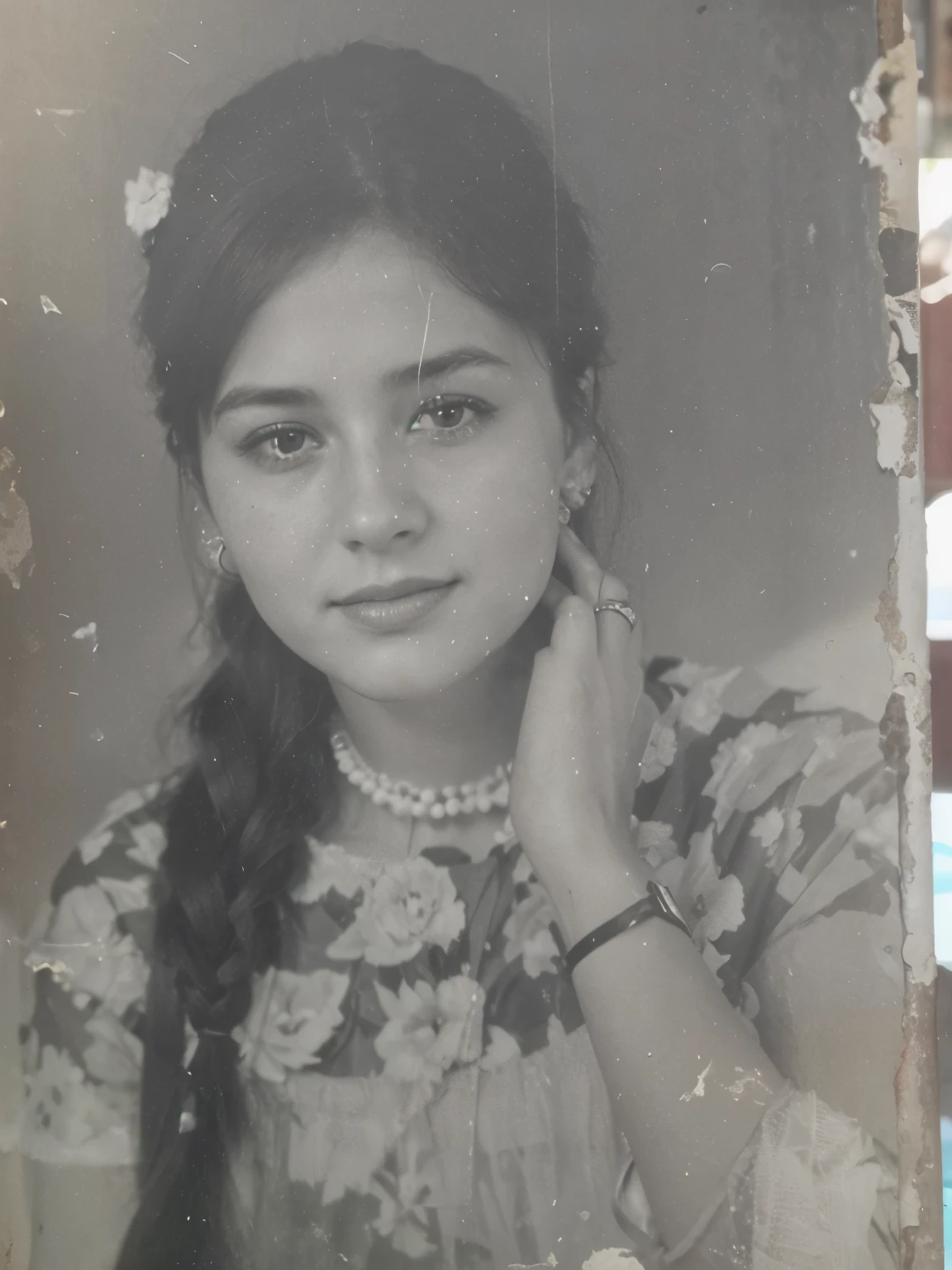 a black and white photo of a woman, good photo, realistic old photograph, grainy good photo, inspired by Lucia Peka, colorized background, inspired by Anna Fssli, digital restoration, background removed, black and white old photo, half body portrait of juliana, black and white old photograph, restored photo"