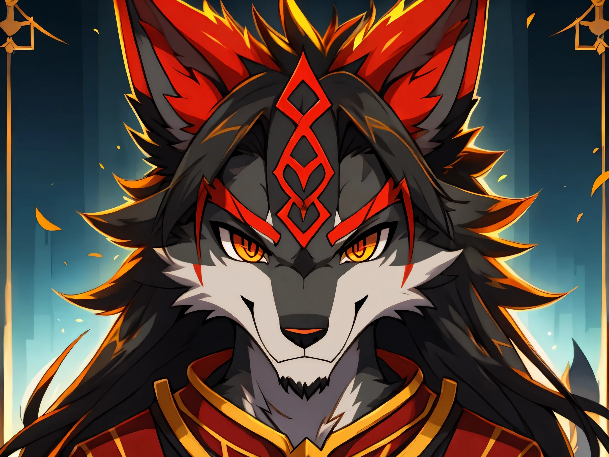 Grey demon wolf with red horns. Anime style. Anthro style. Headshot style.