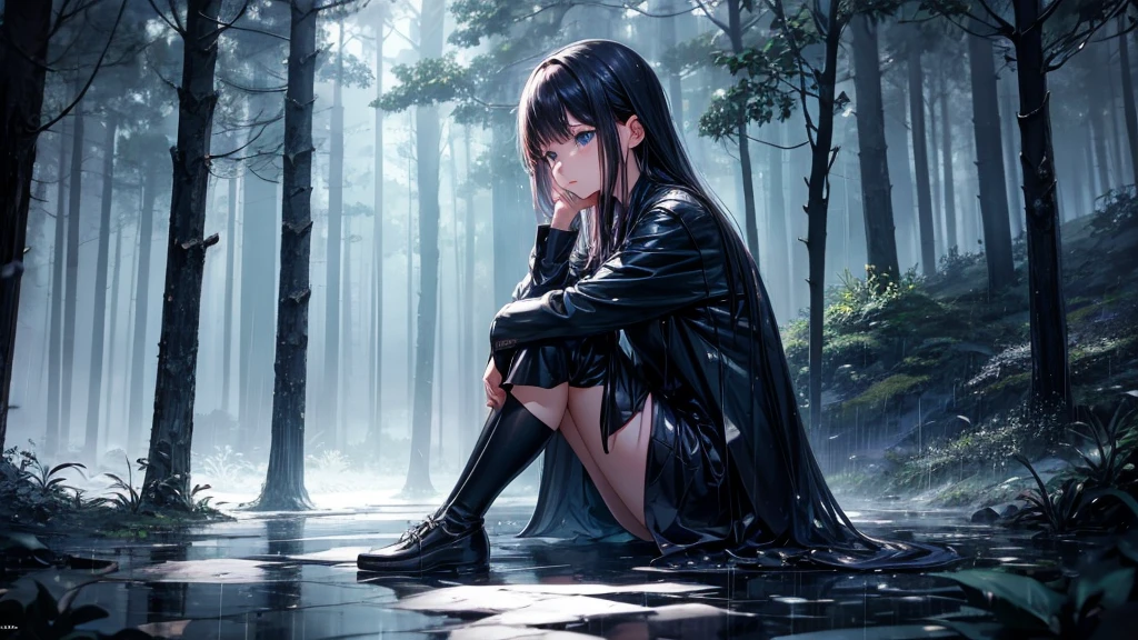 rain、girl、sitting、lonely、Forest of Darkness