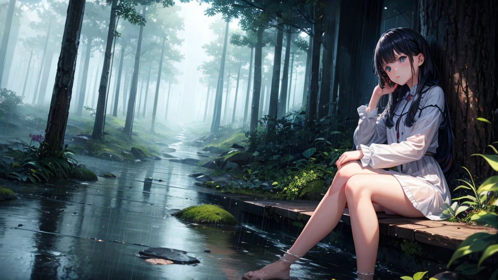 rain、girl、sitting、lonely、Forest of Darkness