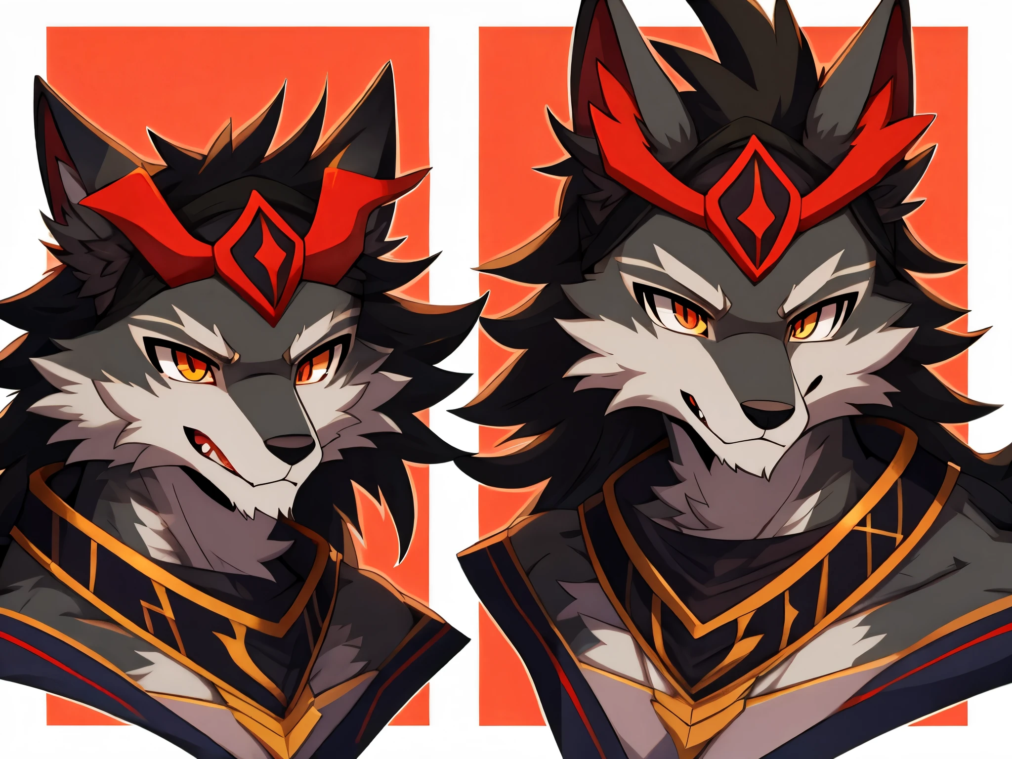 Grey demon wolf with red horns. Anime style. Anthro style. Headshot style.