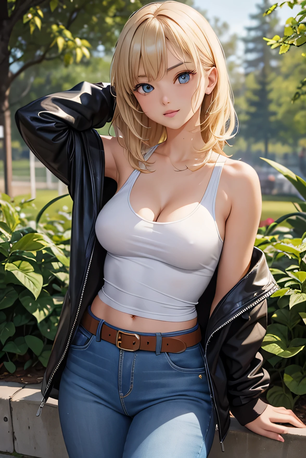 1 girl、18-year-old、beautiful、anime style、realistic face、blonde、medium hair、black jacket、white sleeveless 、jeans、brown belt、show cleavage、medium breasts、legs open, show panties, sexy
