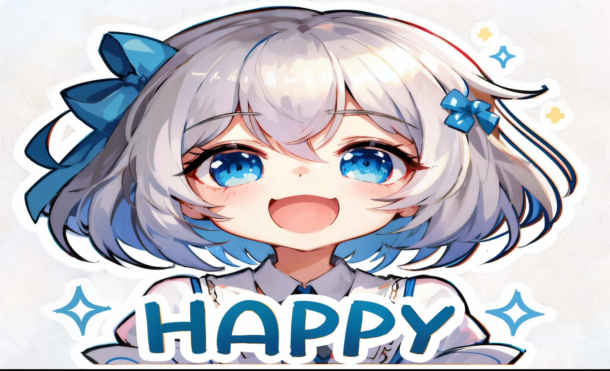 anime girl with blue eyes and a bow holding a Happy sign, Happy expression, [[[[with an evil smile]]]], she is Happy, Happy!!!, Happy girl, anime moe art style, Telegram sticker, Happy facial expression, she is smiling and Happy, Happy and spirited expression, cute realistic portrait, cute anime face, Happy expressions