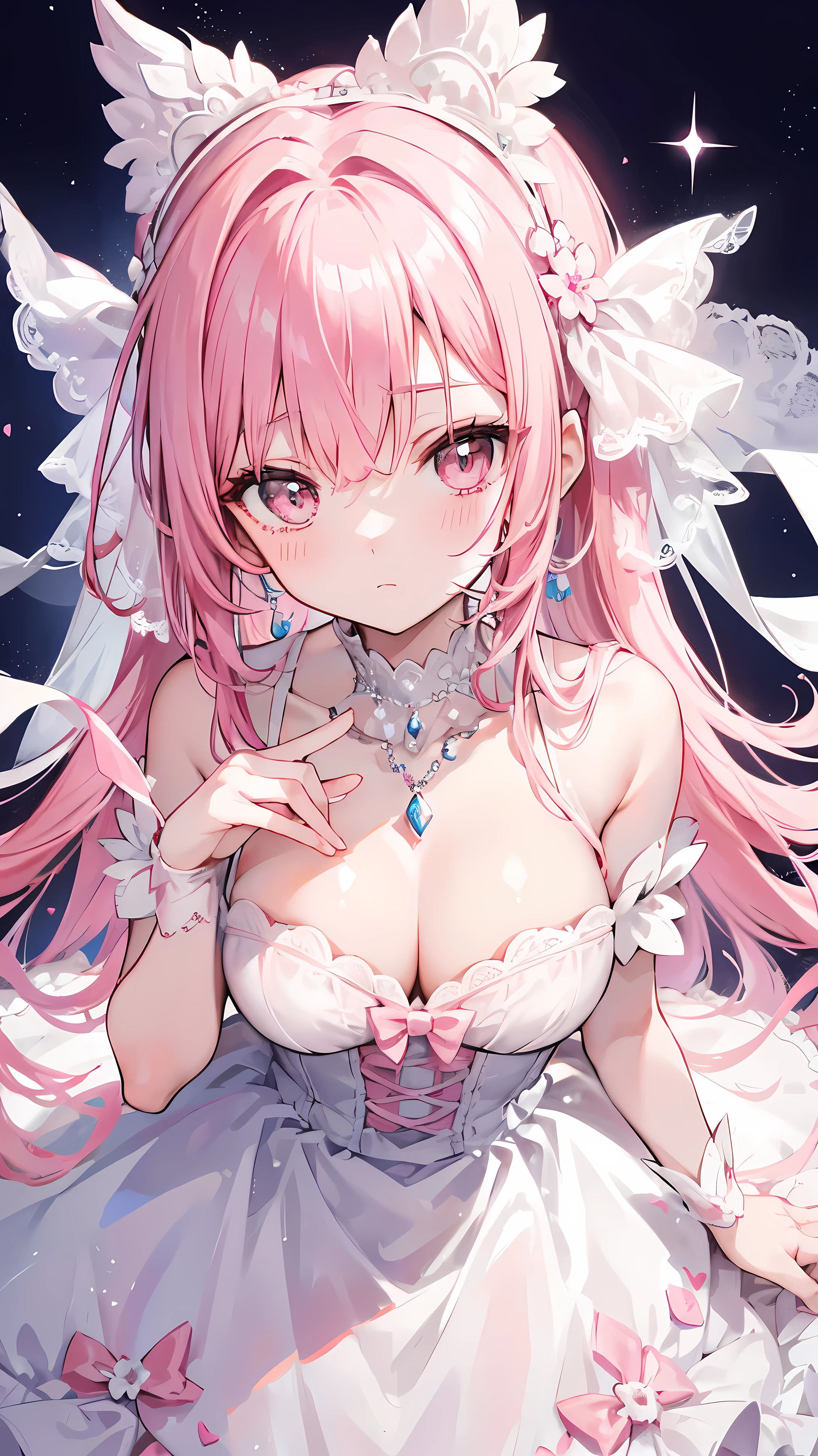 pink haired one,pupil,White and looming,A dress that resembles a wedding dress,The dress is decorated with many pink bows,Paired with a dazzling silver necklace,is a cute, sweet and cute