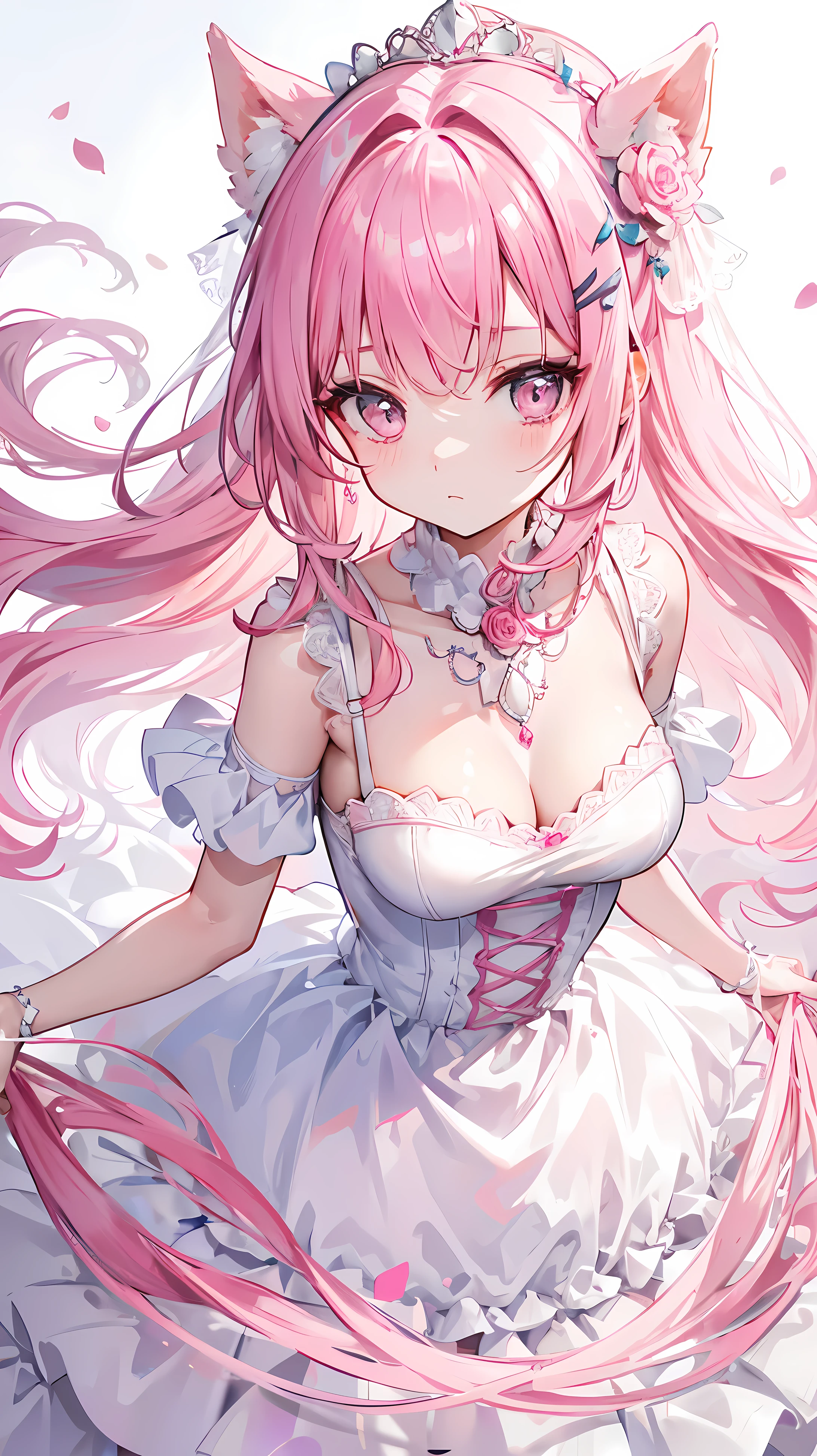 pink haired one，pupil，White and looming，A dress that resembles a wedding dress，The dress is decorated with many pink bows，Paired with a dazzling silver necklace，is a cute, sweet and cute 