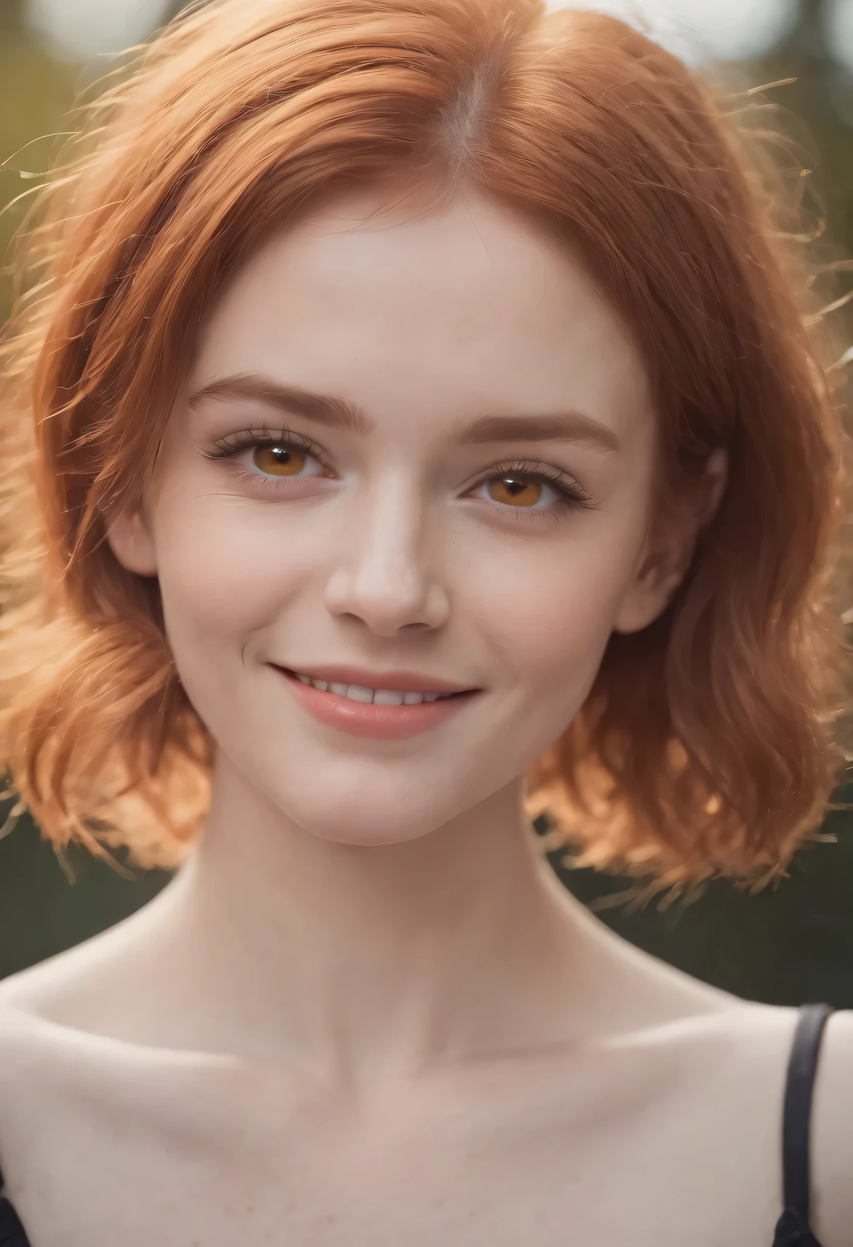 1girl, ginger hair, short hair, orange eyes, smiling,