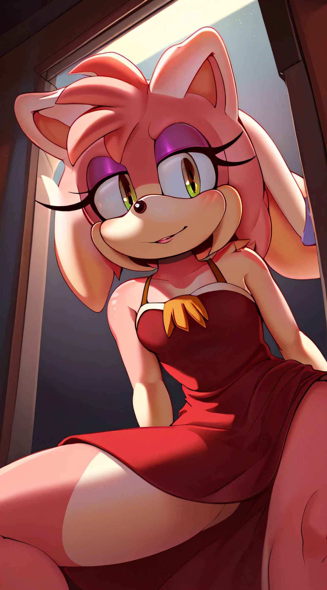 (a stunning) (masterpiece:1.2), (8k, high-resolution), (sonic:1.1), ((vanilla the rabbit fusion with amy rose:1.2)), (seductive), (revealing) sexy dress, (boldly colored) eyeshadow, (long, fluttering) eyelashes, (intense) menacing look, (alluringly) sultry, (mysterious) dark room, (provocative) lighting, vibrant colors