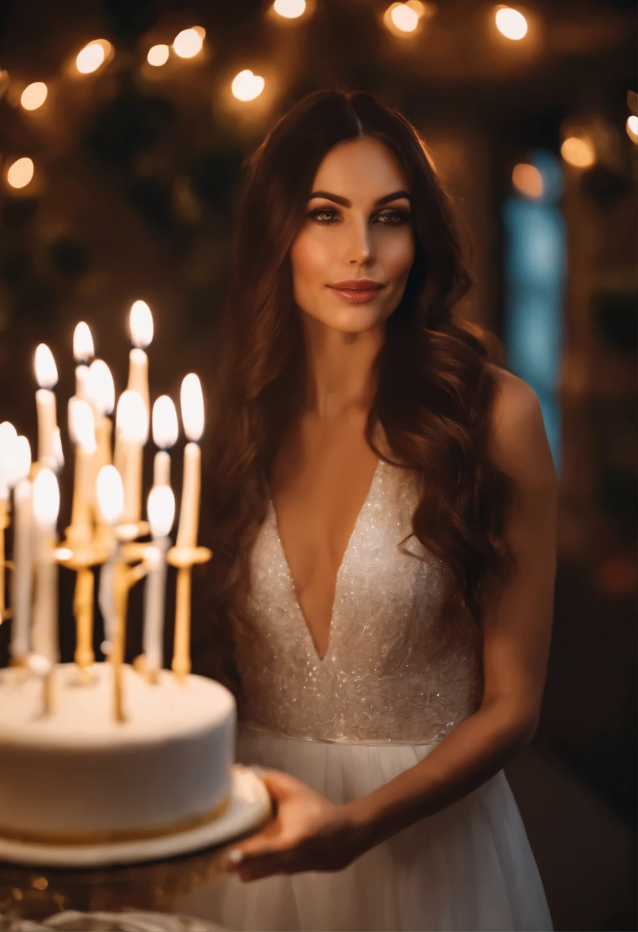 Brunette woman looking straight, long hair, in a smart dress, holding champagne in hand,  birthday 35 years, inflatable white balls, cake with candles