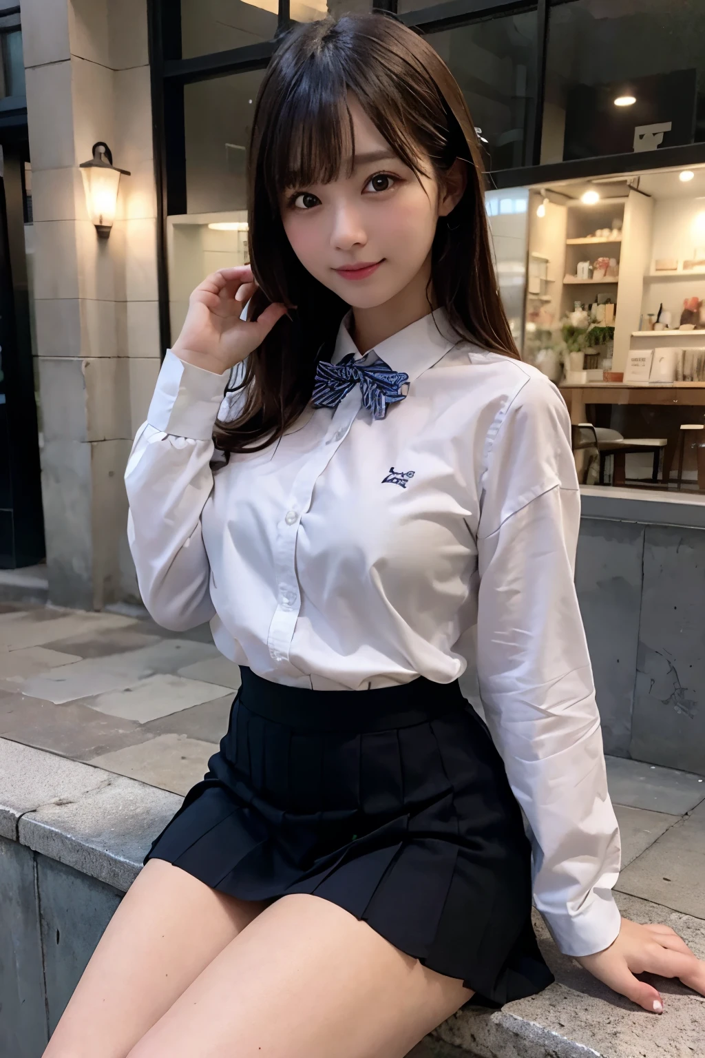 There is a woman who is on the street with a purse, fat pigeon, fat cat,(8k, RAW photo, best quality, masterpiece: 1.2), (realistic, photo-realistic: 1.37), ultra-detailed, 1 girl, cute, solo, beautiful detailed sky, detailed coffee, night, sitting, dating, (flushed nose), (smile: 1.1), medium breasts, beautiful detailed eyes, (collared shirt: 1.1), bow tie, pleated skirt,