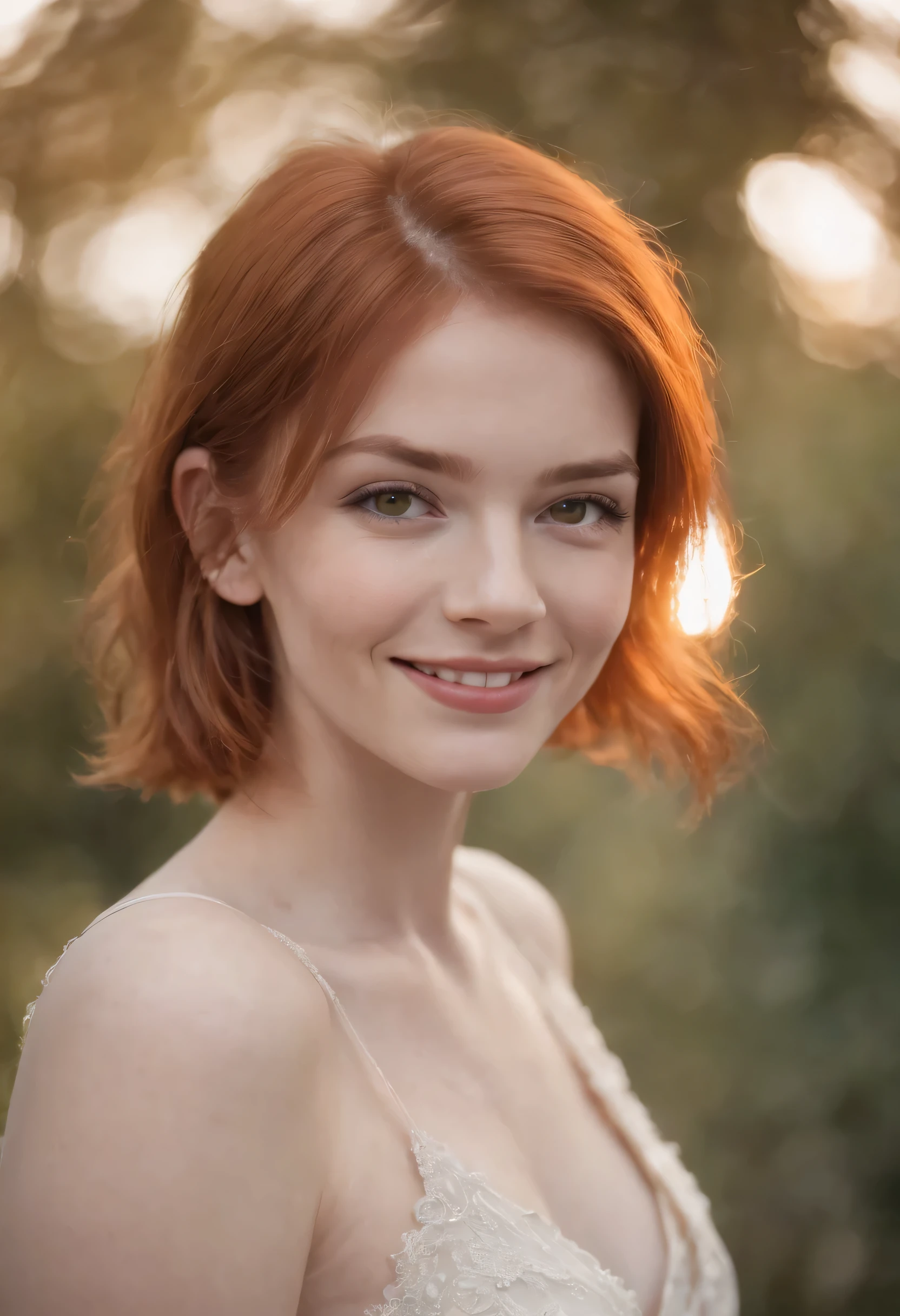 1girl, ginger hair, short hair, orange eyes, smiling,