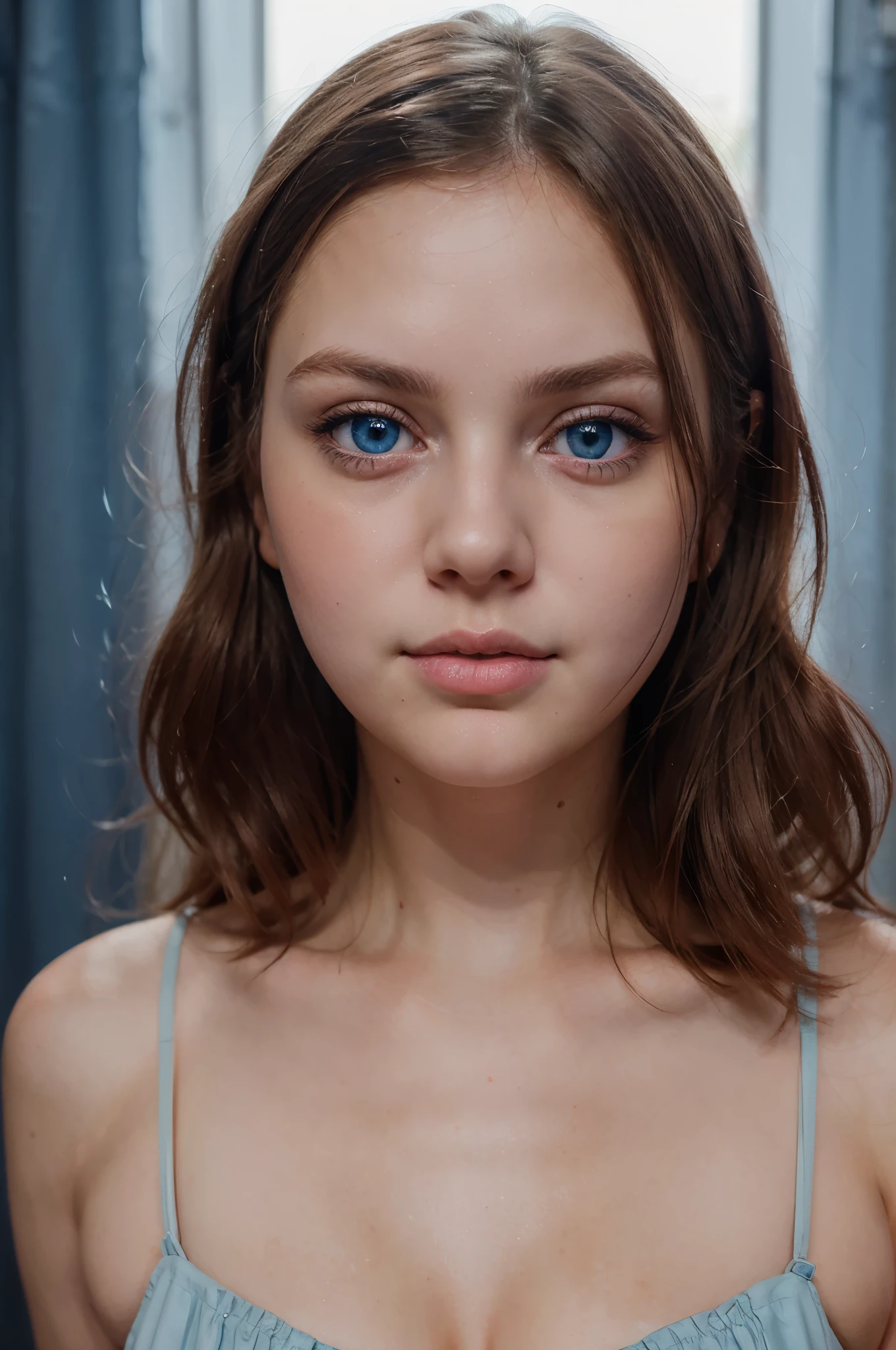 (best quality,hyper-realistic,ultra-detailed,8k), teenager, , round face, paleness, big blue eyes, very white skin, small nose, short brown hair with bangs, delicate, feminine, skinny, elegant , white bra, white panties