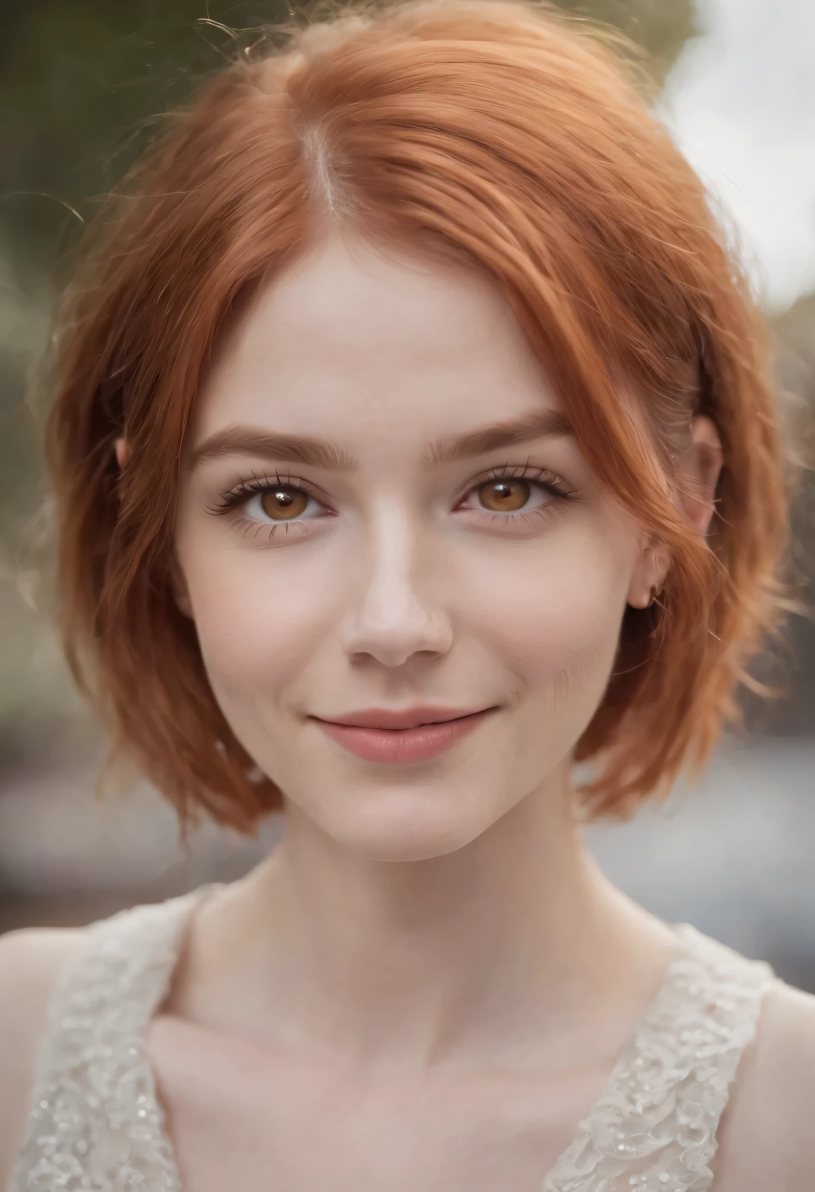 1girl, ginger hair, short hair, orange eyes, smiling,