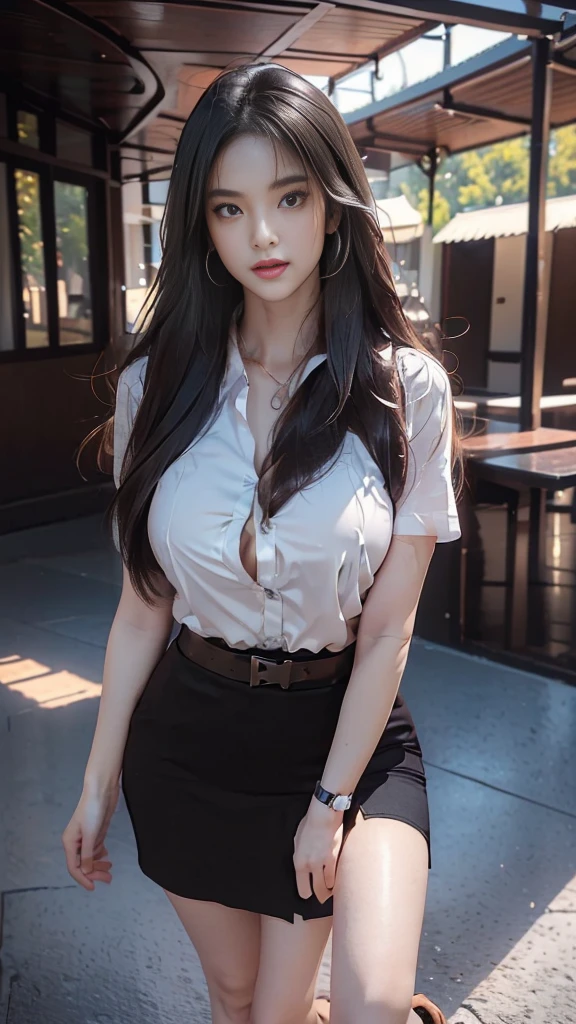 highest resolution, 8K, high definition, (((My hair is very long., My hair is very long., My hair is very long., Extra long, Knee-length hair))), Thai Students, Half Thai, half Japanese, half Korean., Height 173 centimeters, (((stand, walk))), Beautiful face, แต่งBeautiful face, Double eyelids, red lips, smile at the corner of the mouth, beautiful eyes, Beautiful Woman, The texture is realistic., ((Slim white short-sleeved shirt, collar shirt, Matte black short pencil skirt, Very short, Side incision, กระโปรงสีดำด้านพร้อมbeltผู้หญิง, tight)), ((Huge breasts, Breast augmentation, เต้าBig tits, Big tits, Plump milk, Fluffy milk, Huge breasts:1.3)), ((Symmetrical shape, sexy figure, Thin, slim, small waist, Long legs, Beautiful thighs)), ((Pitch black high heels, earring, Put on a watch, belt)), (((full body, Look at every part of the body.))), university backdrop, building, building, lawn, outdoor sports field