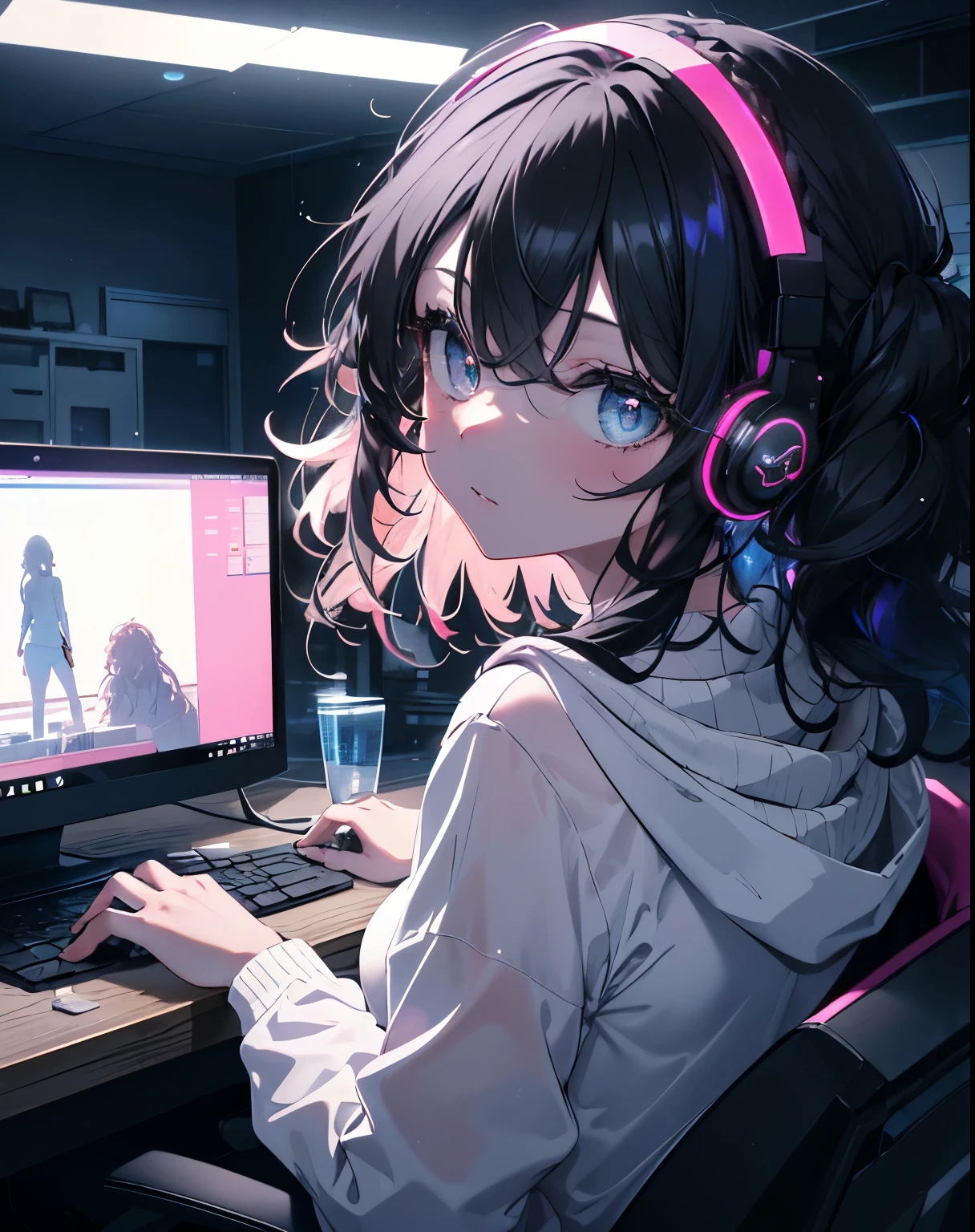 ((masterpiece,High resolution,8K quality,highest quality)),1 female,((highly detailed face)),delicate eyes,(iridescent eyes),(hairstyle:semi-long,strong wavy hair,Strong perm,black hair),Big headphones with black and neon lights,Lens flare,Light blue hoodie,Tube top,big breasts,Chest that bursts,A listless face,I find it troublesome,Room with computer,A room where the display shines in the absence of light,sit down tomorrow,look back here,blue and pink lights intersect,prefers computers,