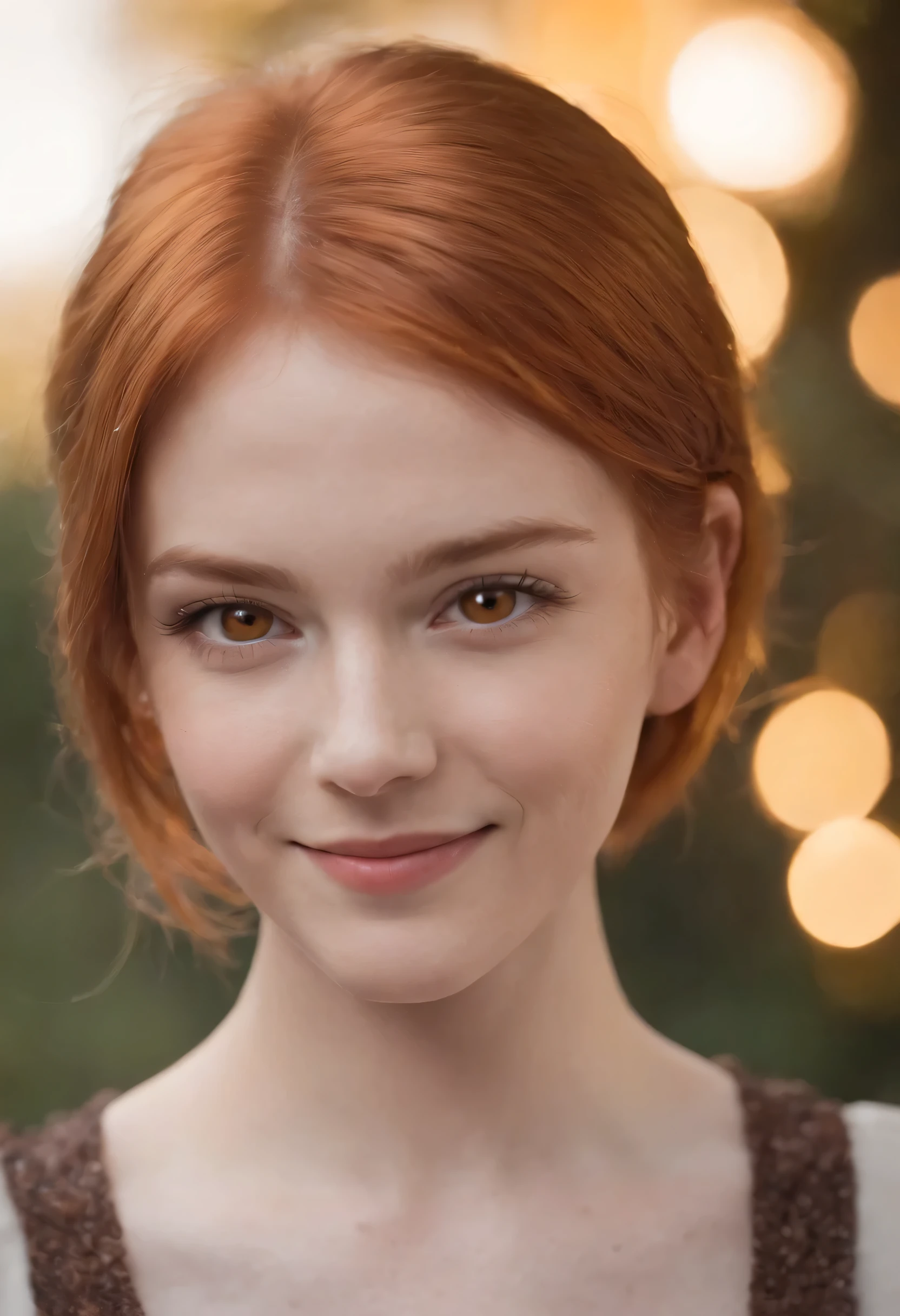 1girl, ginger hair, short hair, orange eyes, smiling,