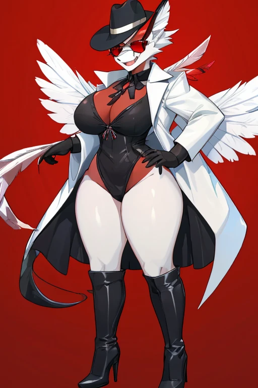 sexy female, anthropomorphic, white plume moth, grey skin, demon white short hair, four arms, red eyes, slender, (white fur coat), (black thigh high heeled boots), (white wide brim fedora with feather), fanged teeth, big breasts, big ass, voluptuous, (black minidress), (red tinted heart shaped sunglasses)