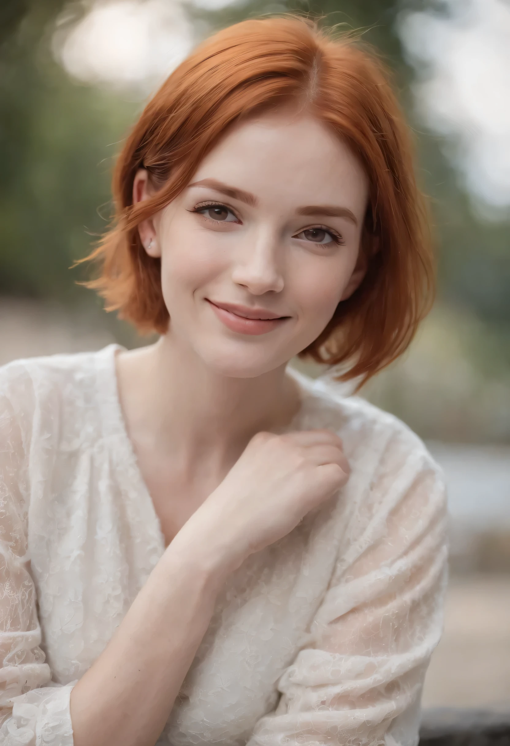 1girl, ginger hair, short hair, orange eyes, smiling,