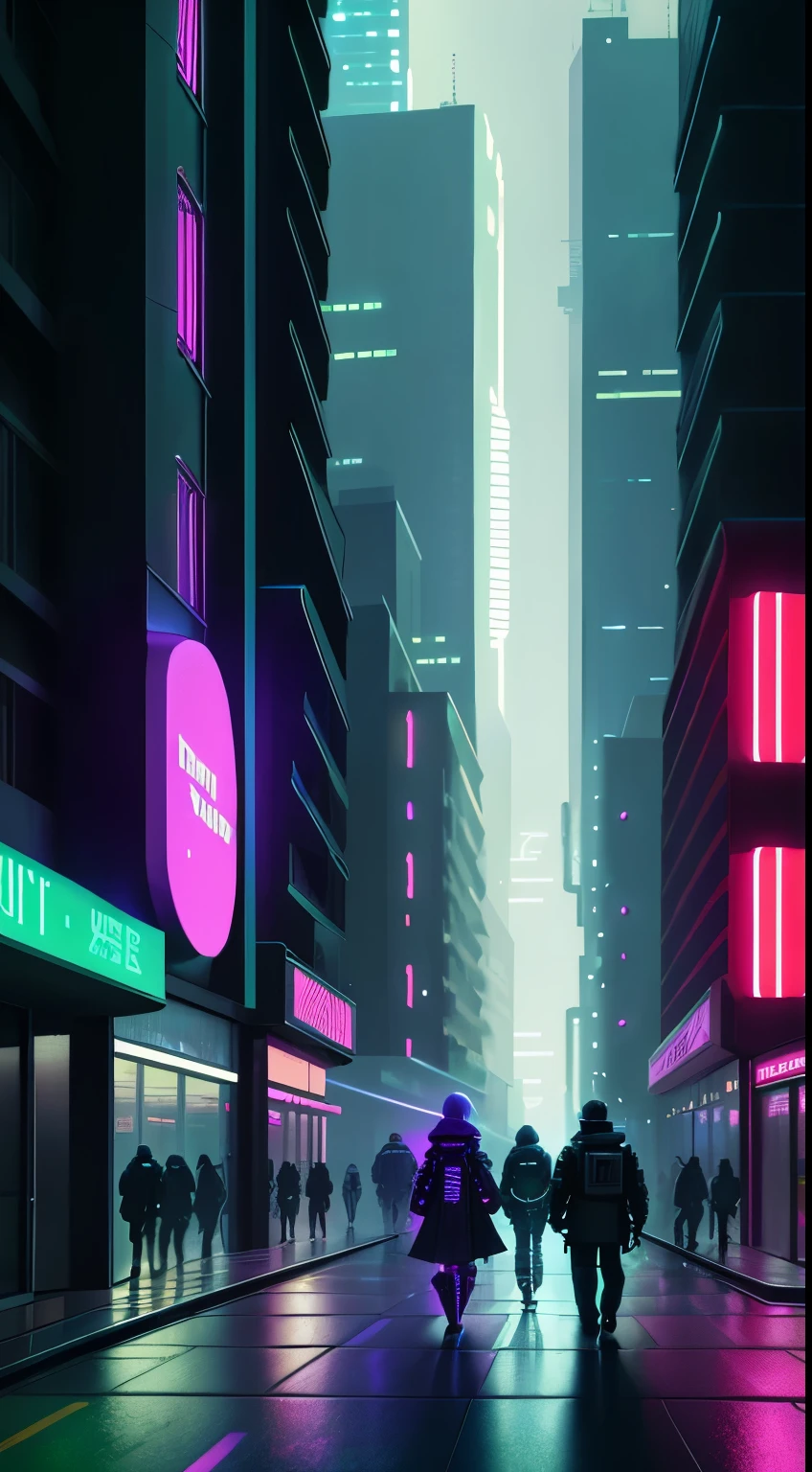 cyberpunk scene, sci-fi, high rise buildings neon lights, futuristic, ray tracing, very detailed, HD, cinematic, people walking down street, crowded street, lots of detail, high resolution, hyper realistic, flistening, shimmering, bioluminescent, neon signs, raining, floodlight, couple walking together