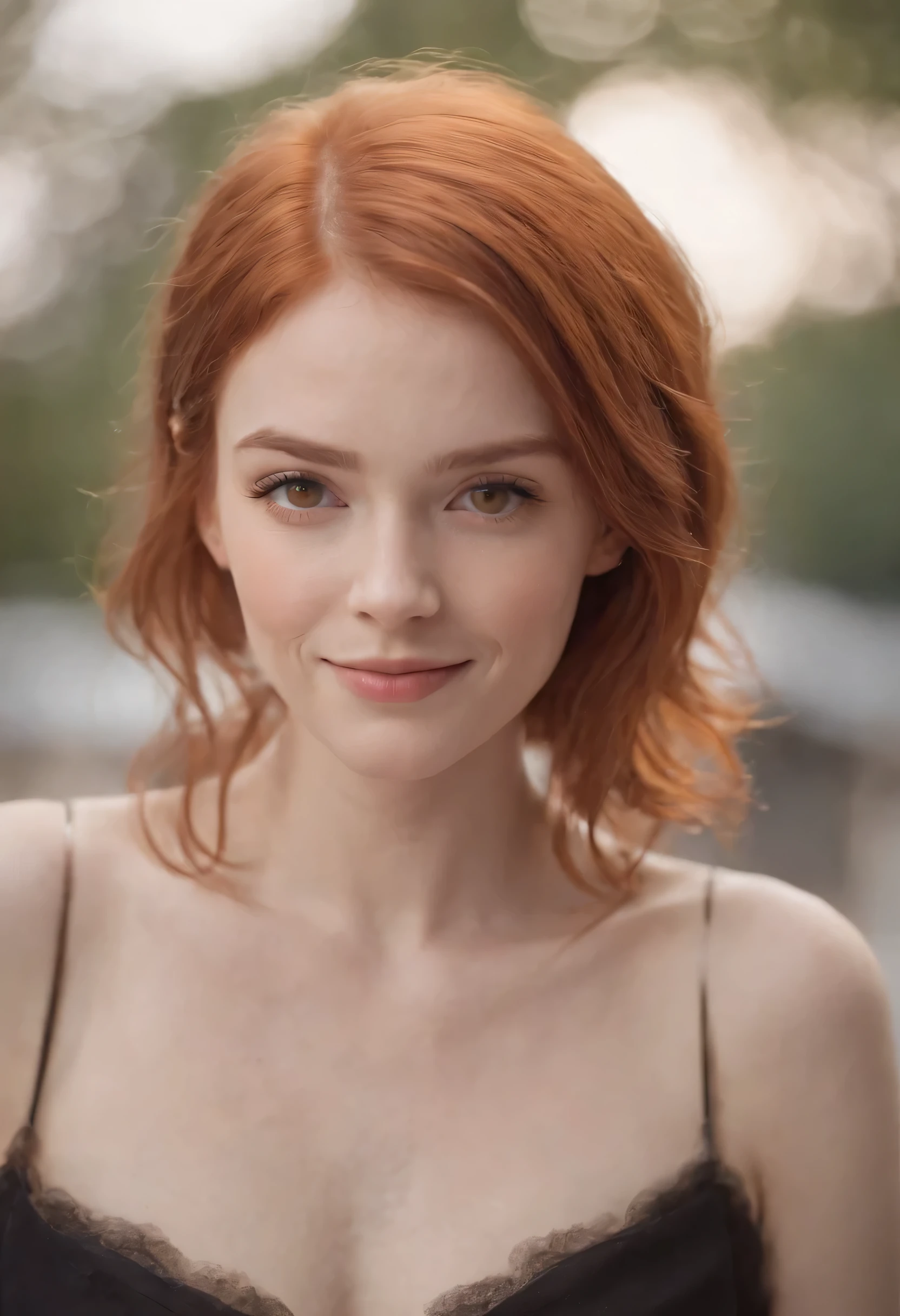 1girl, ginger hair, short hair, orange eyes, smiling, 