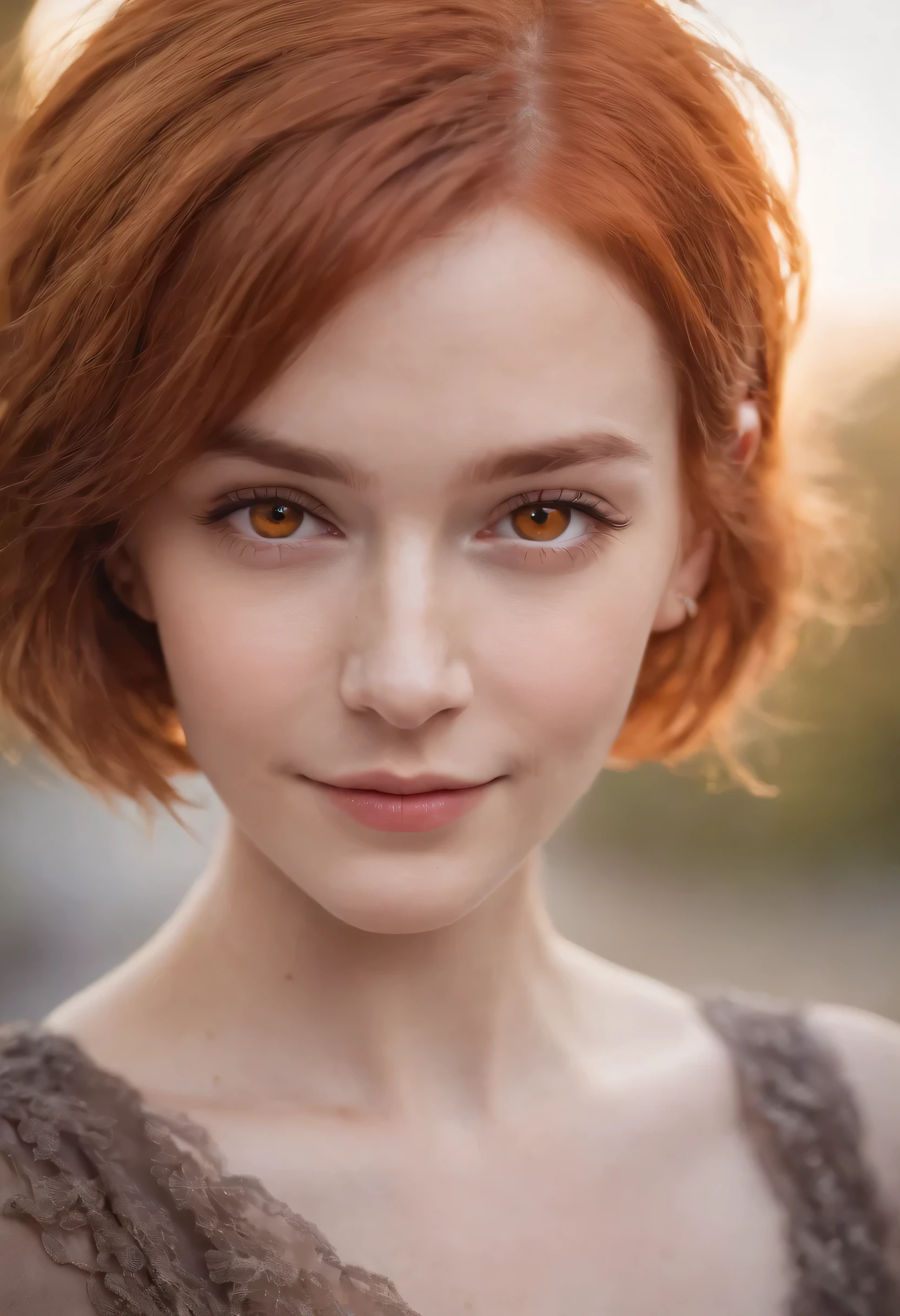 1girl, ginger hair, short hair, orange eyes, smiling, 