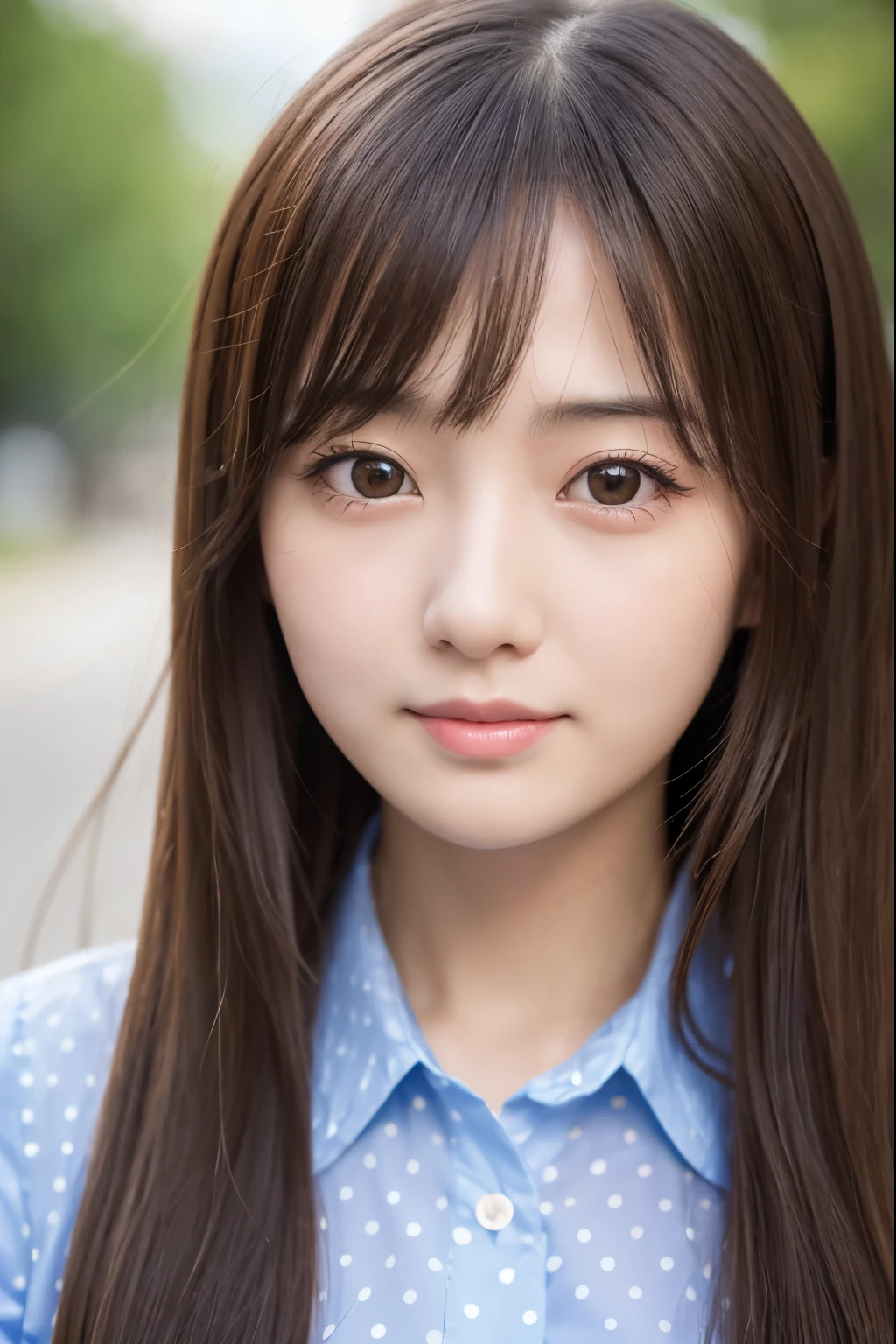 there is a woman with long hair wearing a polka dot shirt, 奈良美智, sakimichan, with small nose, chiho, with accurate face, cute natural anime face, japanese facial features, clear cute face, kawaii realistic portrait, asian face, 8k selfie photograph, soft makeup