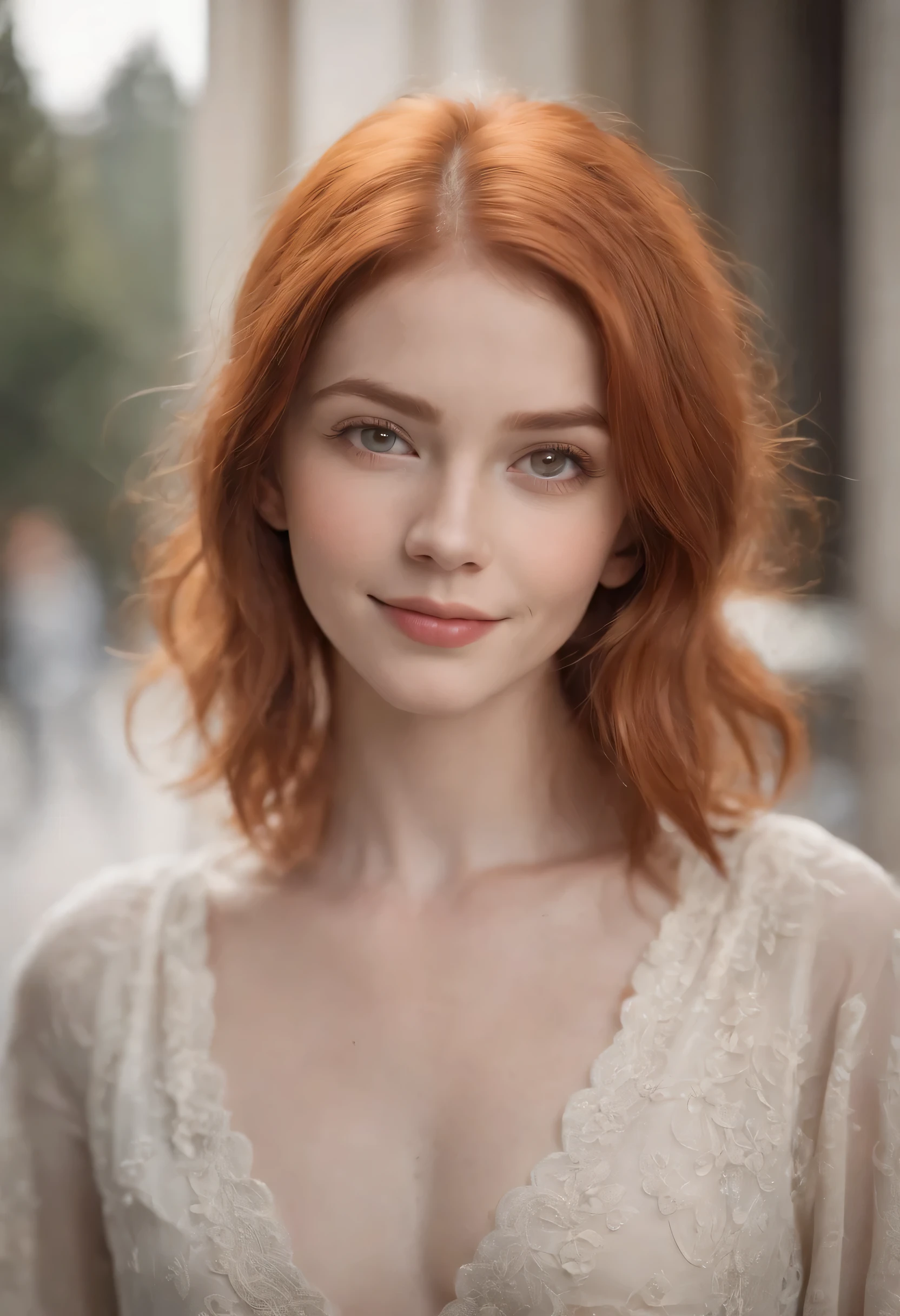 1girl, ginger hair, short hair, orange eyes, smiling,