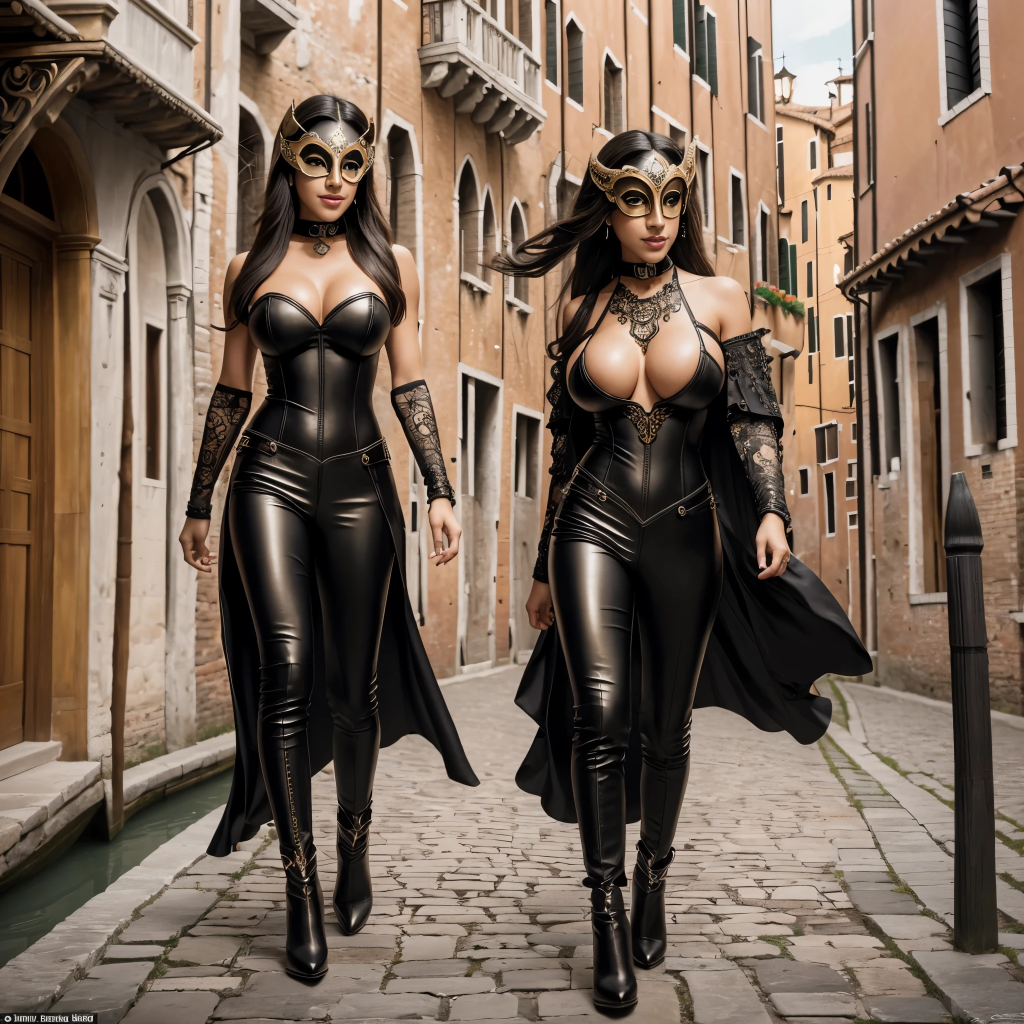 Isabela Merced posing outside in long wide leather pants, high heels boots, long hair, (sexy venetian mask:1.3), choker, slim photo model, (big breasts:1.3), smiling, Real Life, full bodyshot, Ultra Realistic, Photorealism, Photography, 8K UHD, Photo, HDR, Complex and Elegant, Highly Detailed, Sharp Focus, Stunning, Beautiful, Gorgeous), (Masterpiece: 1.2, Best Quality 1:1, Ultra Detail: 1.2, Best Shadows, 8k: 1.1), (beautiful detailed face), high contrast, (perfect lighting: 1.2), (cinematic light)), colorful, hyper-detail, dramatic light, intricate detail, photograph by arny freytag