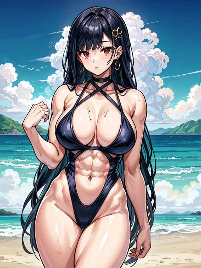 (((masterpiece、Highest image quality、highest quality、highly detailed unity 8kwallpaper)))、((Illustration of one girl))、(((beautiful girl)))、((black hair:1.3、straight hair、Very Longhair、golden hair ornament、red eyes))、(tall:1.3、stocky build:1.3, thickset physique, muscular legs, broad shoulders, solid chest)、swimsuit、sandy beach