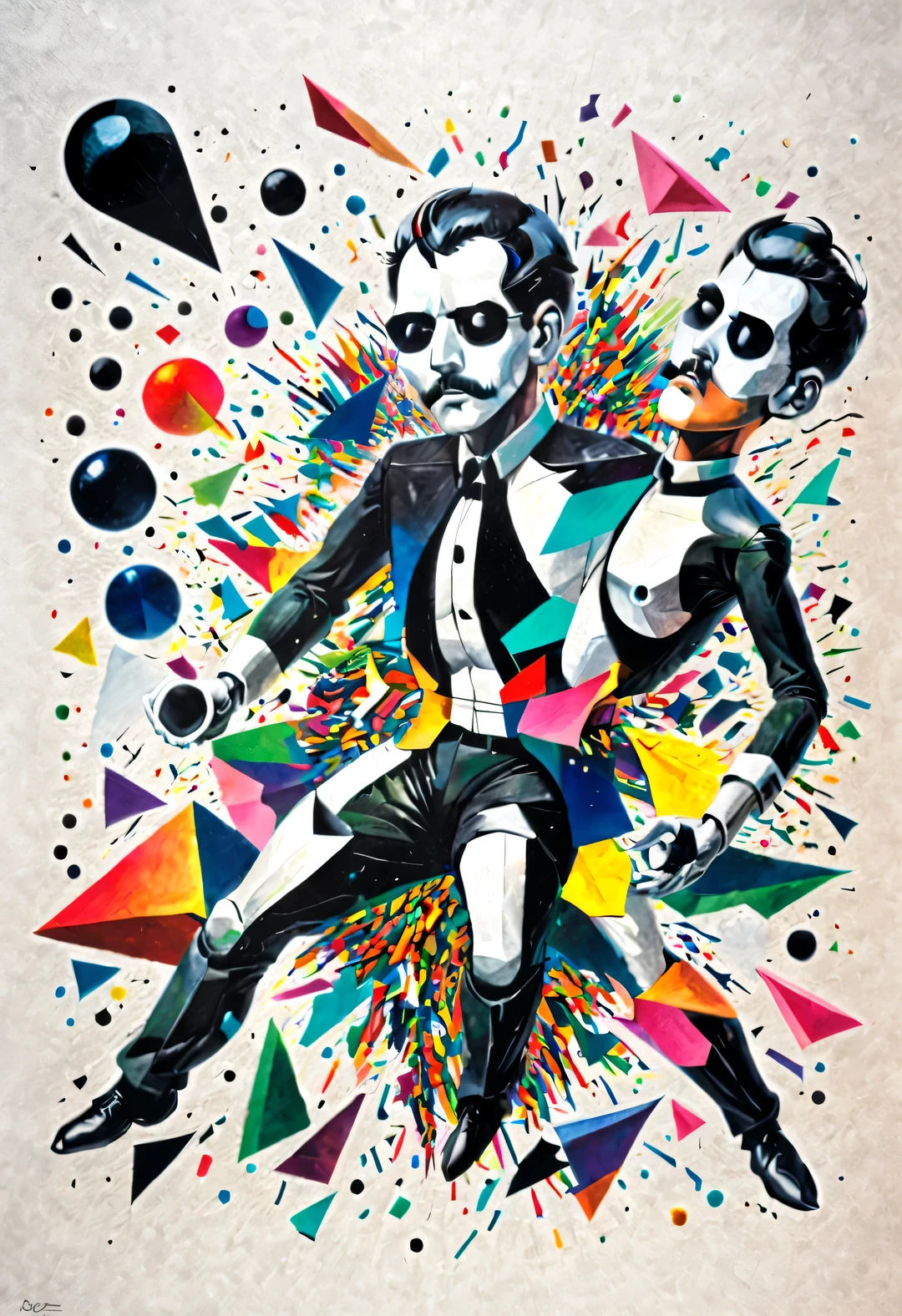 The black and white intruder who broke out of the wall turned half of his body into a colorful cartoon confetti man. fantasy, Science fiction, low polygon, Cubism and paper cutting were created by Charles and Ray Eames,